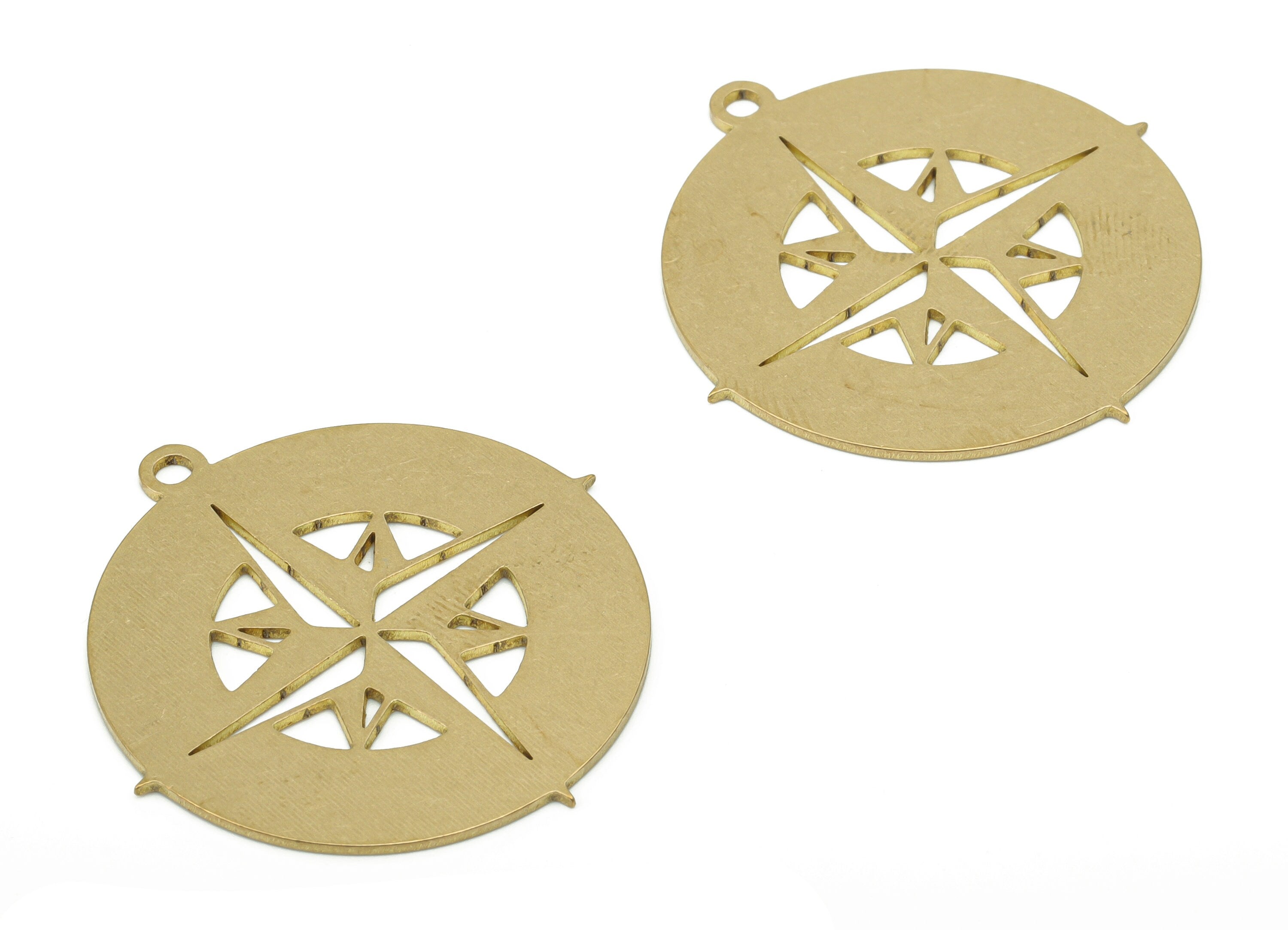 Brass Round Map Compass Earring Charms - Raw Brass Star Circle Pendant - DIY Jewelry Making Supplies - 34.53x32.83x0.75mm - PPA3602 - DOMEDBAZAAR