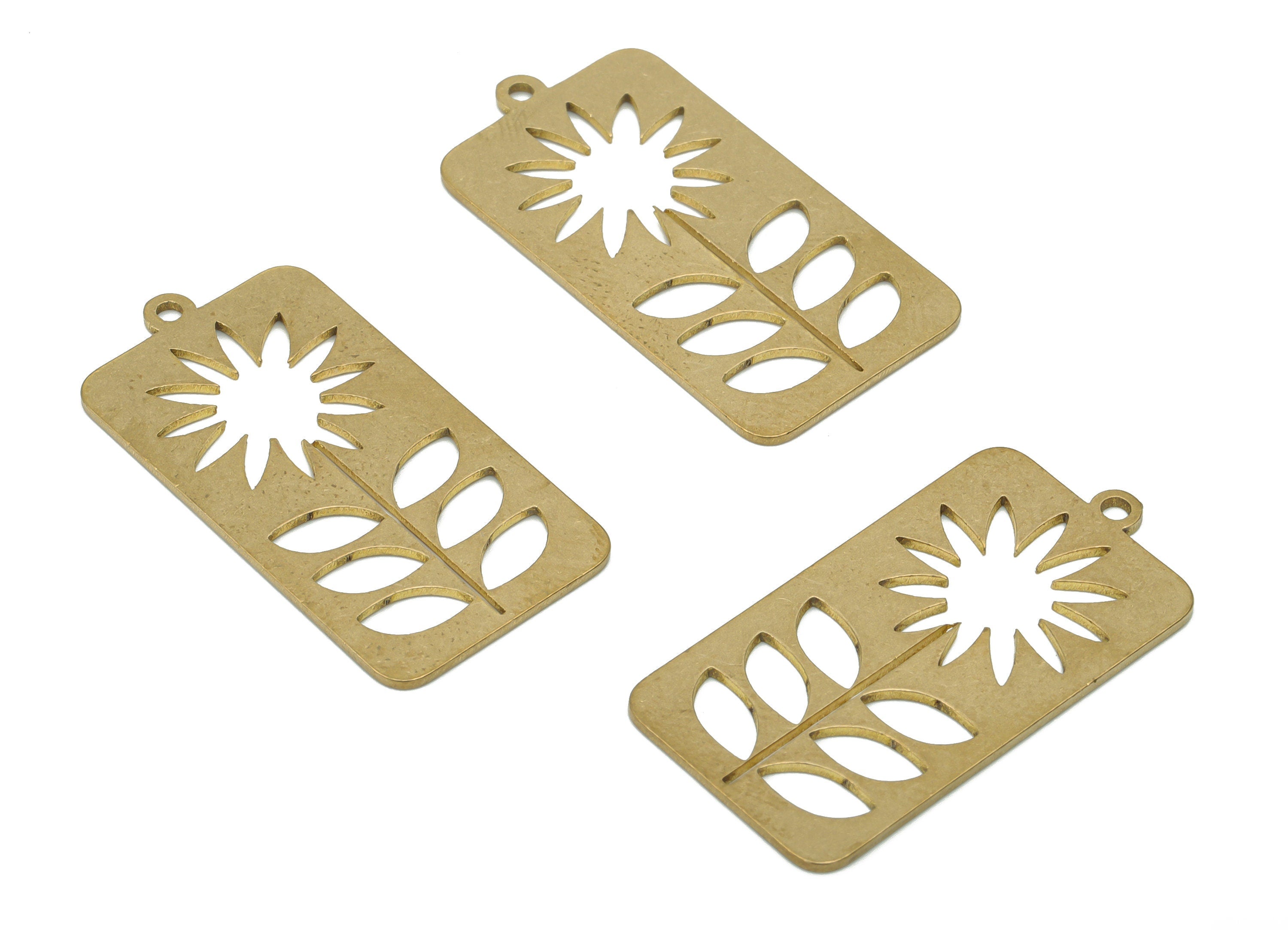 Brass Rectangle Sun Leaves Earring Charms - Raw Brass Flower Rectangle Pendant - DIY Jewelry Making Supplies - 31.89x16.5x0.73mm - PPA3421 - DOMEDBAZAAR