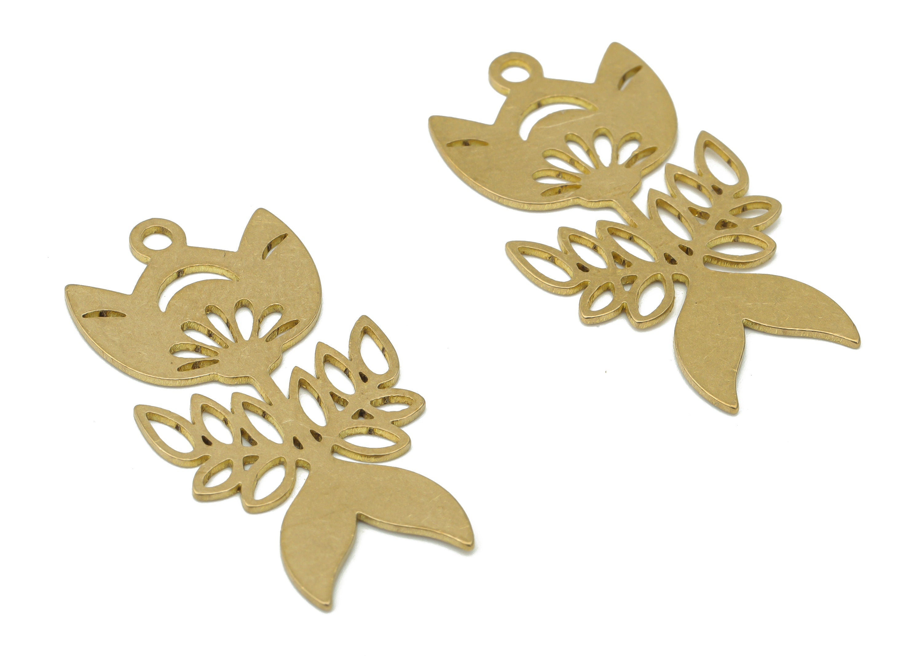 Brass Fishtail Flower Leaves Earring Charms - Raw Brass Tail Flower Leaf Pendant - DIY Jewelry Making Supplies - 34.72x17.71x0.6mm - PPA3455 - DOMEDBAZAAR