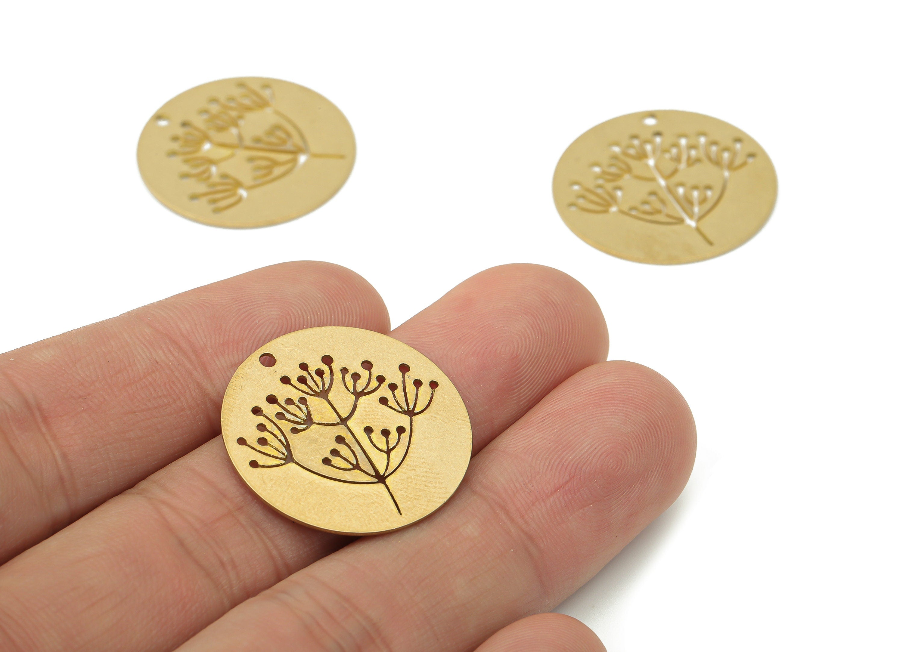 Brass Round Life Tree Rib Nervure Branches Earring Charms - Raw Brass Flower Circle Pendant - Jewelry Supplies - 24.76x24.76x0.6mm - PPA3458 - DOMEDBAZAAR