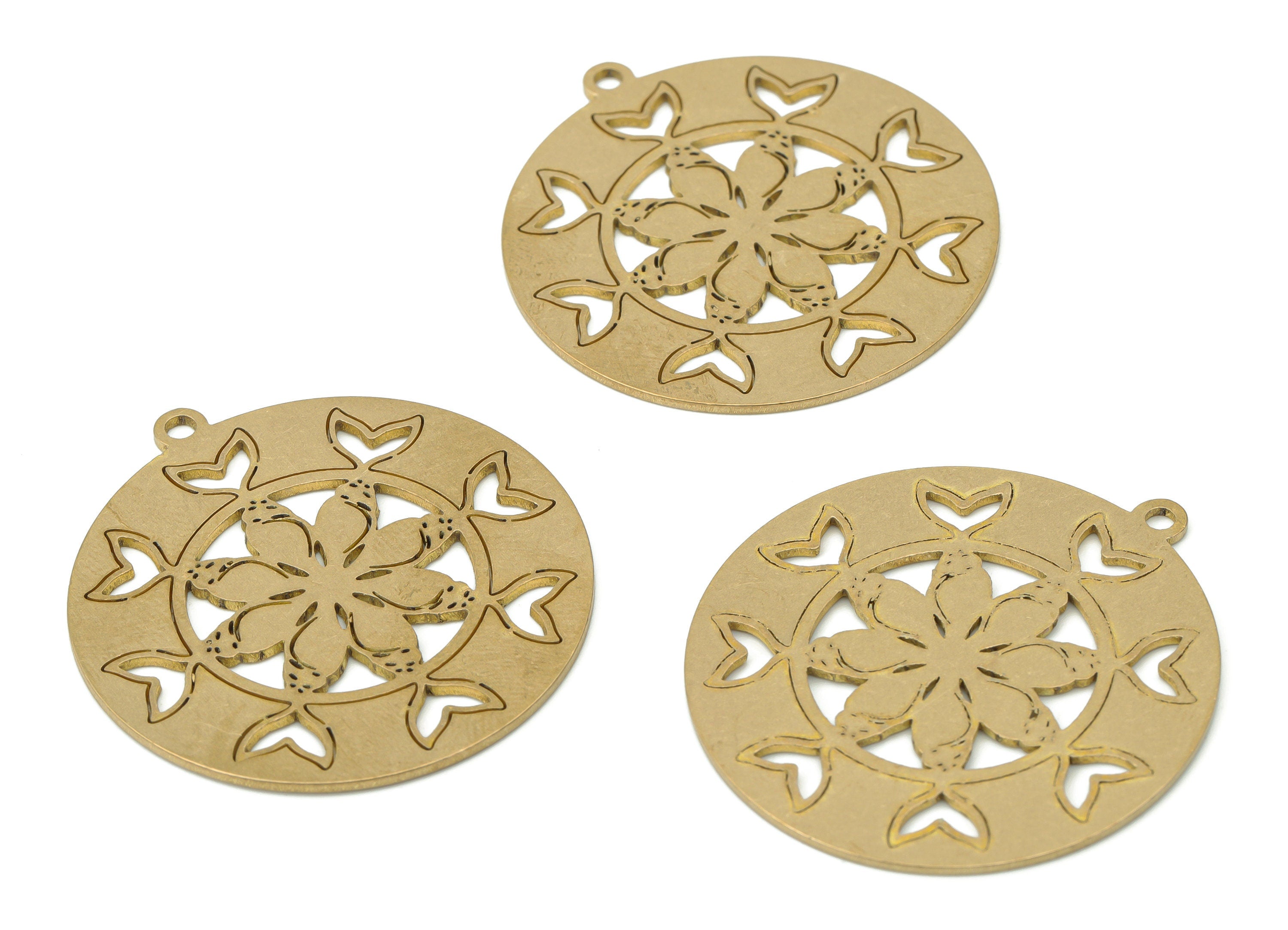 Brass Round Flower Earring Charms - Raw Brass Tails Circle Pendant - DIY Jewelry Making Supplies - 37.69x34.76x0.82mm - PPA3727 - DOMEDBAZAAR