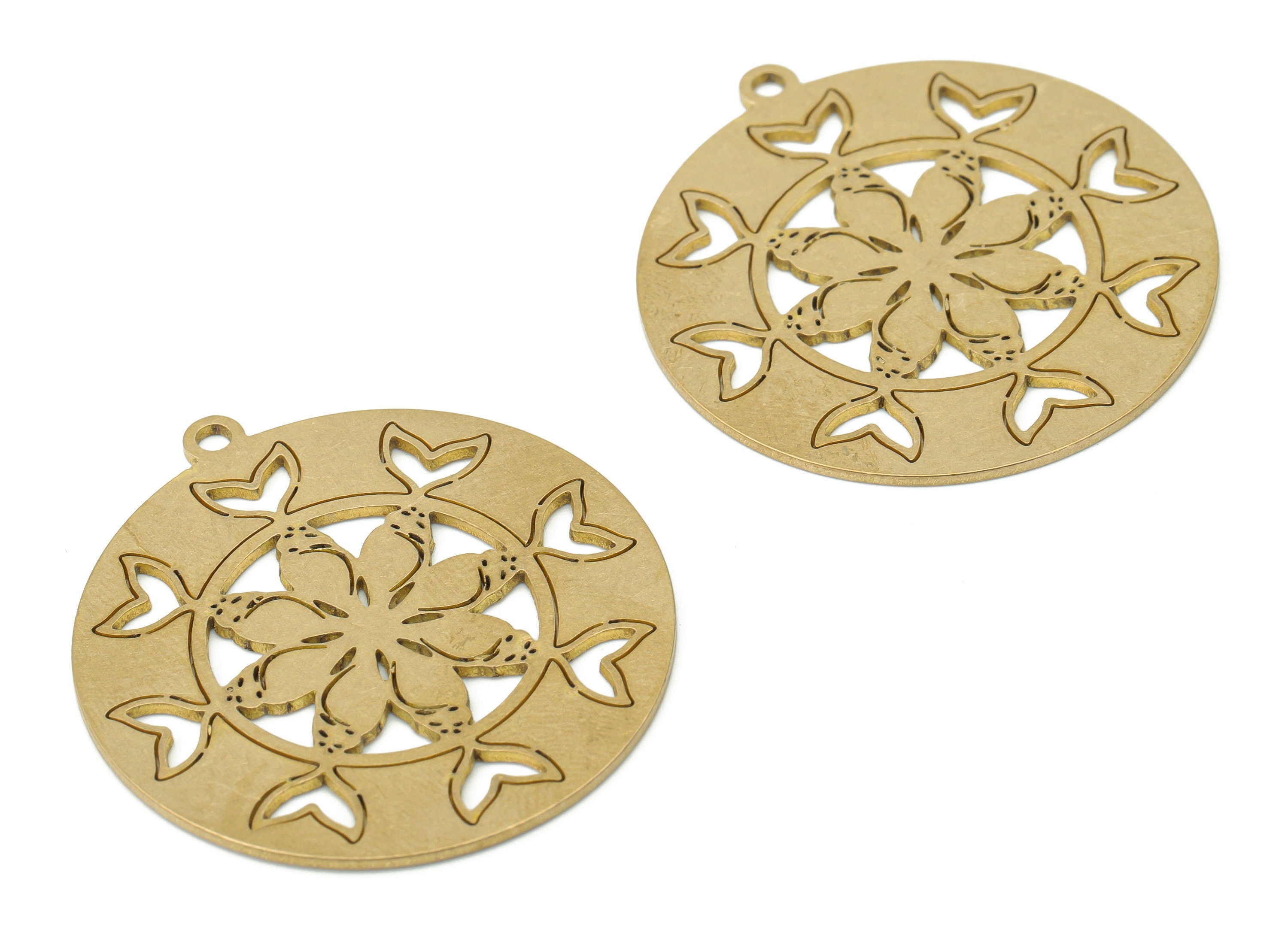 Brass Round Flower Earring Charms - Raw Brass Tails Circle Pendant - DIY Jewelry Making Supplies - 37.69x34.76x0.82mm - PPA3727 - DOMEDBAZAAR