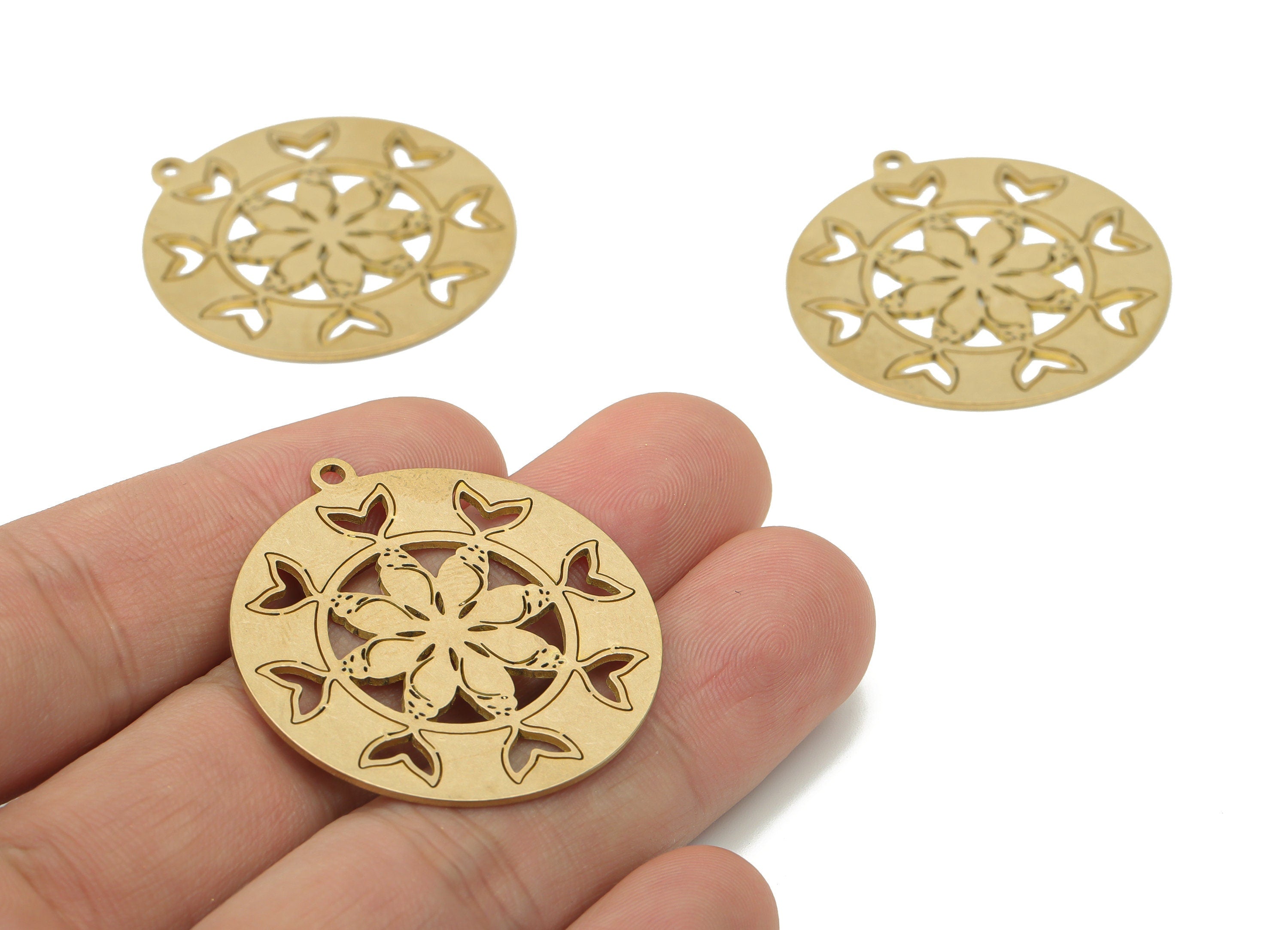Brass Round Flower Earring Charms - Raw Brass Tails Circle Pendant - DIY Jewelry Making Supplies - 37.69x34.76x0.82mm - PPA3727 - DOMEDBAZAAR