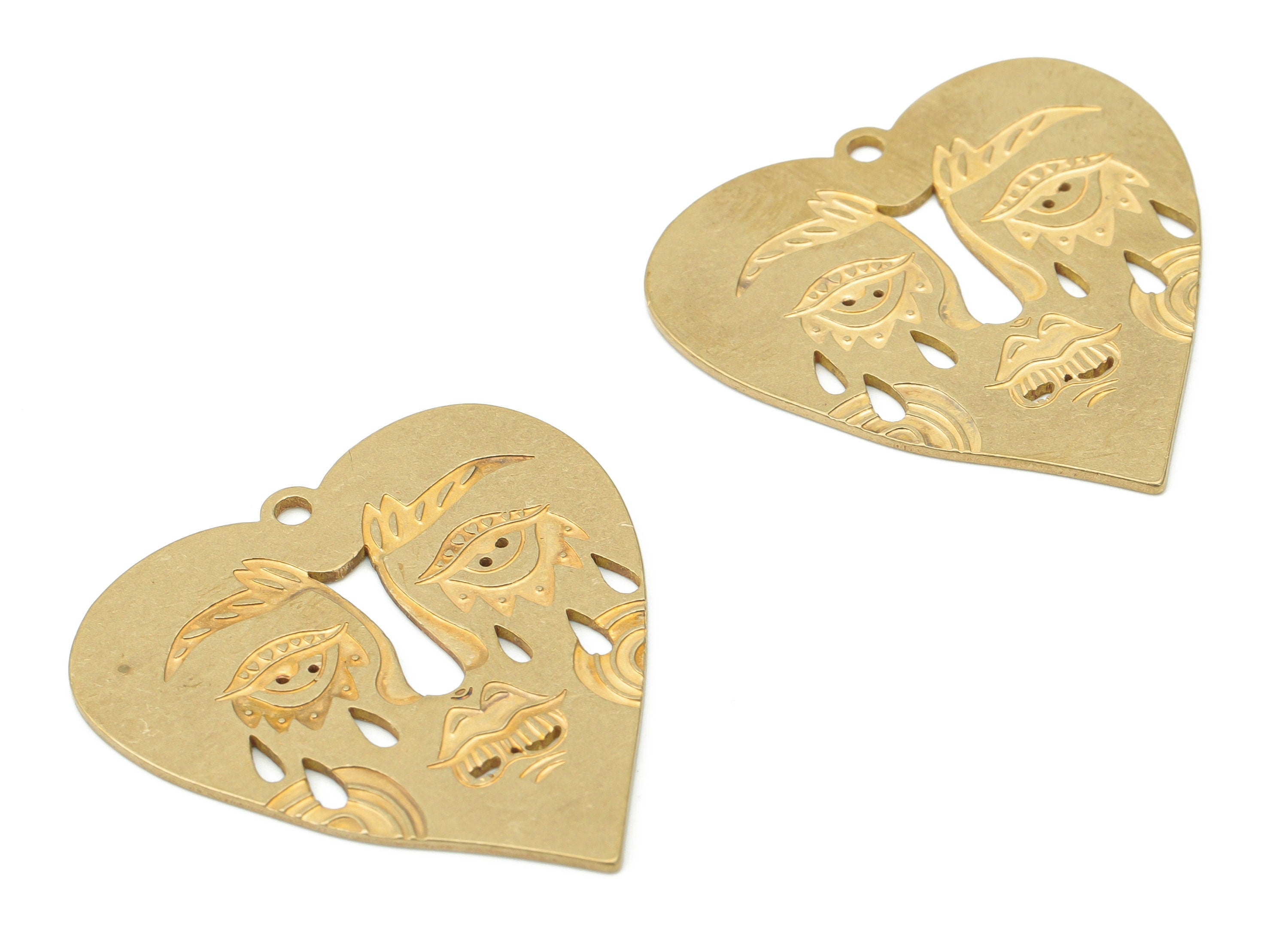 Brass Engraved Heart Abstract Face Earring Charms - Raw Brass Erying Face Heart Pendant - Jewelry Making - 34.44x33.45x0.84mm - PPZ0038 - DOMEDBAZAAR