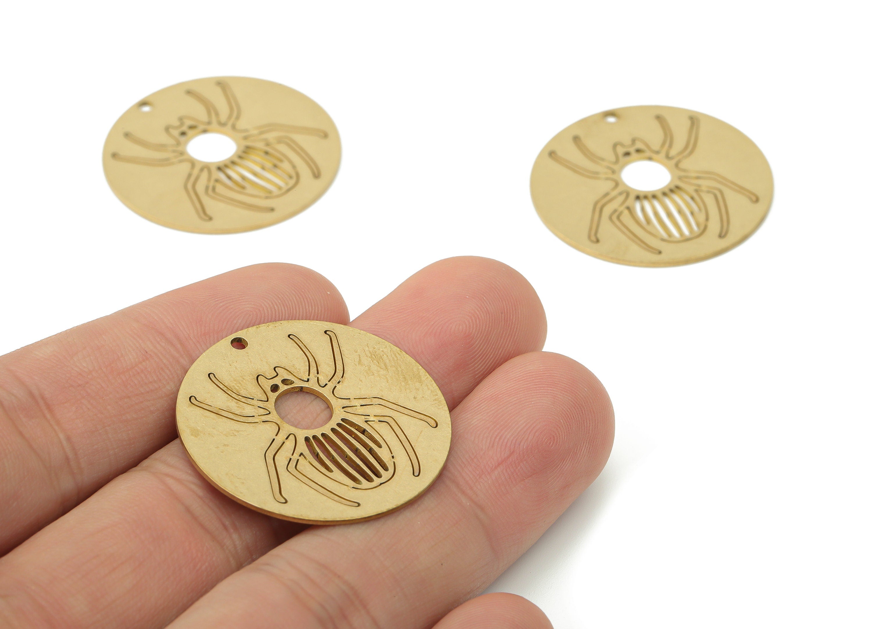 Brass Round Spider Earring Charms - Raw Brass Insect Circle Pendant - Black Widow Charm - Jewelry Supplies - 29.77x29.77x0.75mm - PPA3095 - DOMEDBAZAAR