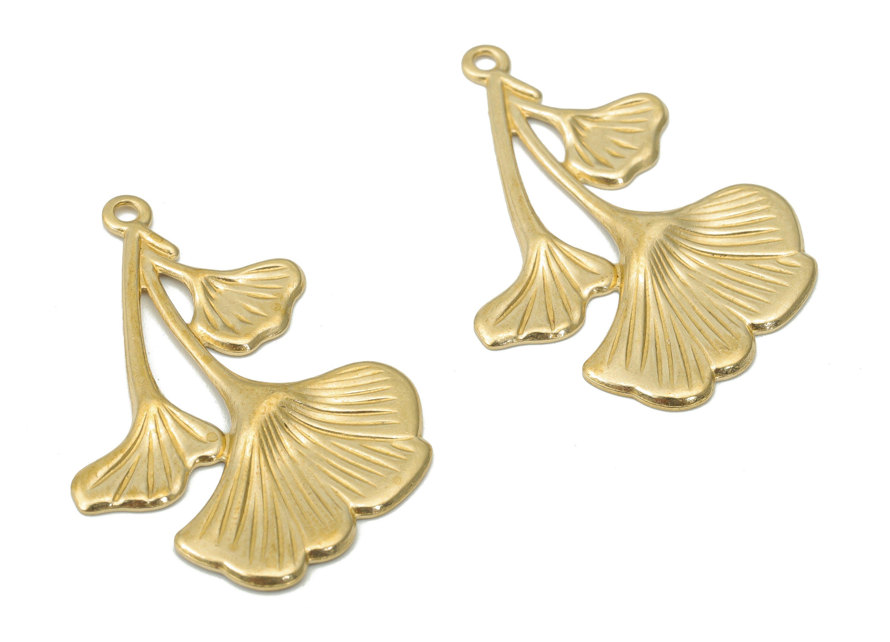 Brass Relief Ginko Earring Charms - Raw Brass Flower Pendant - Jewelry Making Supplies - 32.2x22.37x1.4mm - PP5213 - DOMEDBAZAAR