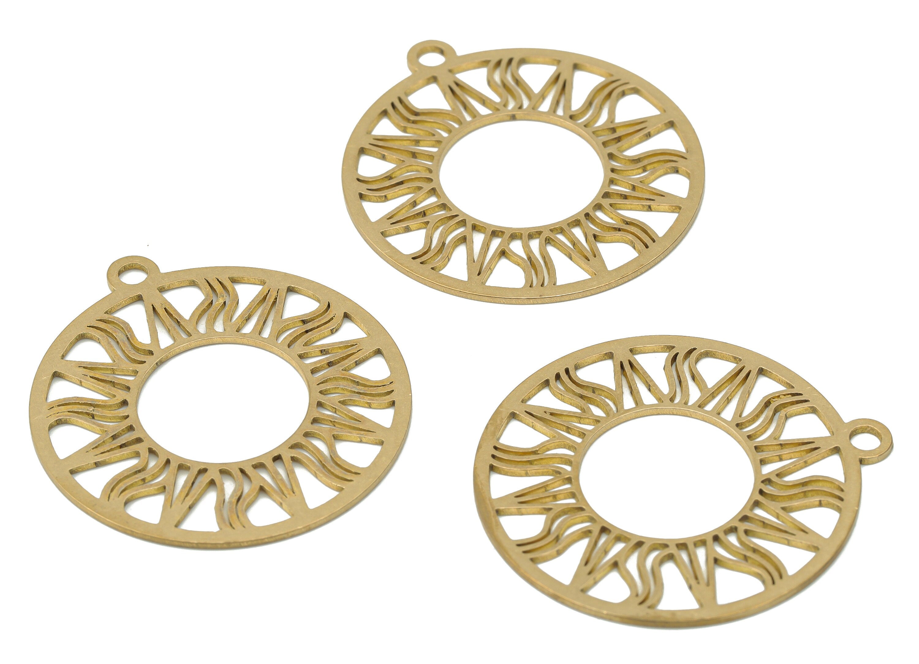 Brass Round Sun Hoop Earring Charms - Raw Brass Sun Circle Pendant - DIY Jewelry Making Supplies - 34.71x31.48x0.76mm - PPA3075 - DOMEDBAZAAR