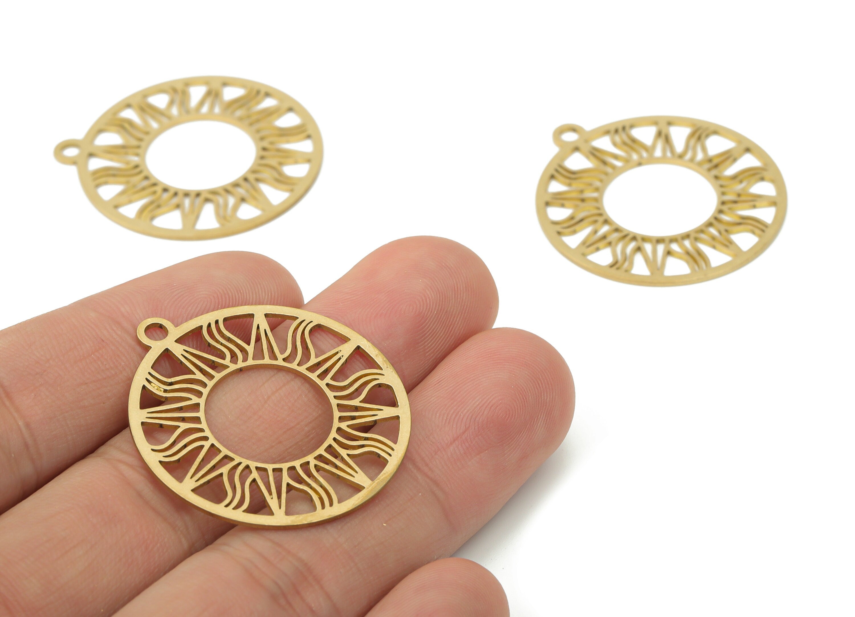 Brass Round Sun Hoop Earring Charms - Raw Brass Sun Circle Pendant - DIY Jewelry Making Supplies - 34.71x31.48x0.76mm - PPA3075 - DOMEDBAZAAR