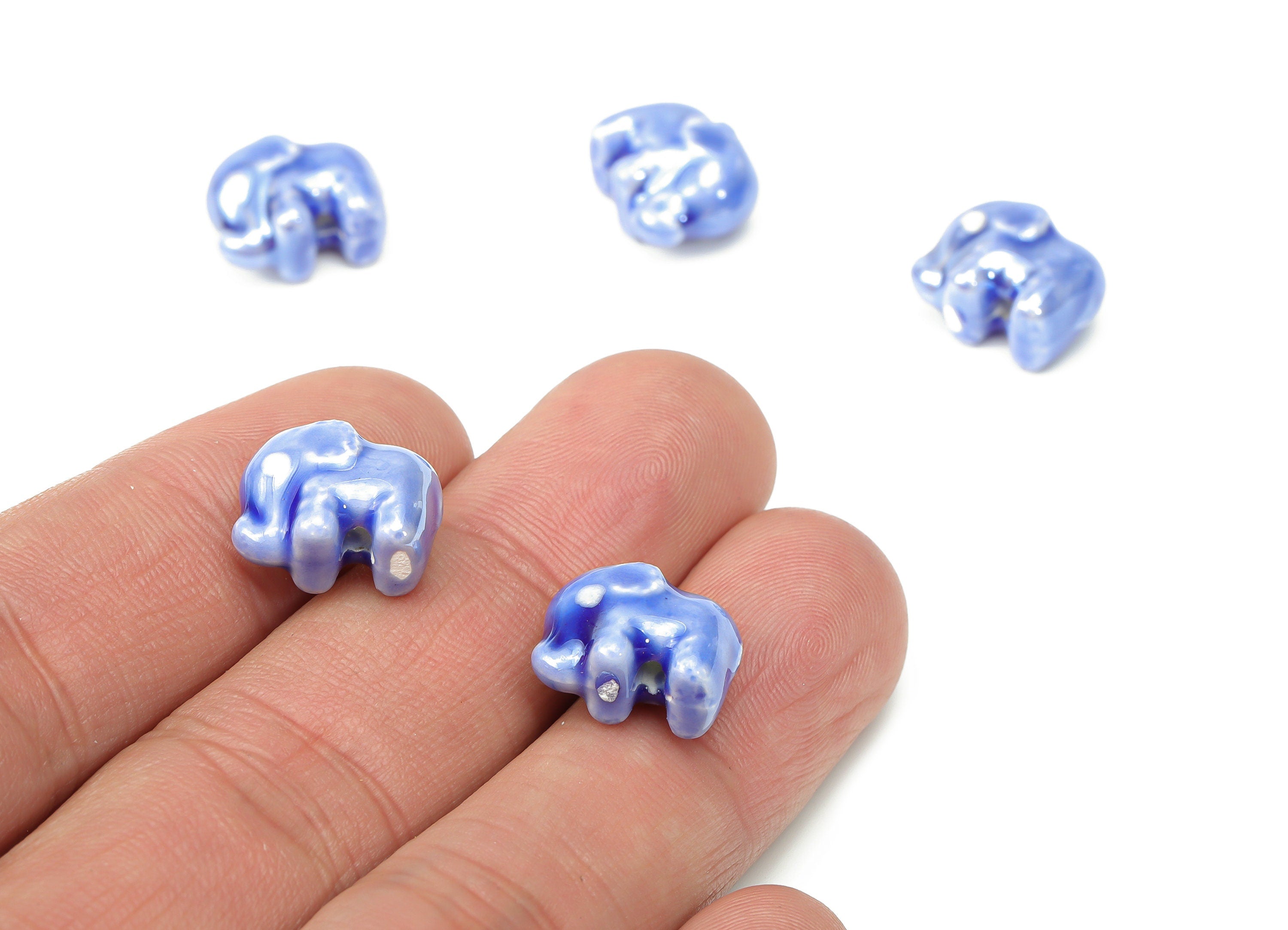 Glazed Ceramic Elephant Beads - Blue Carved Elephant Beads - Handmade Beads - Bracelet Beads - Connectors Beads - 13.76x11.07x8mm - NS1839C - DOMEDBAZAAR