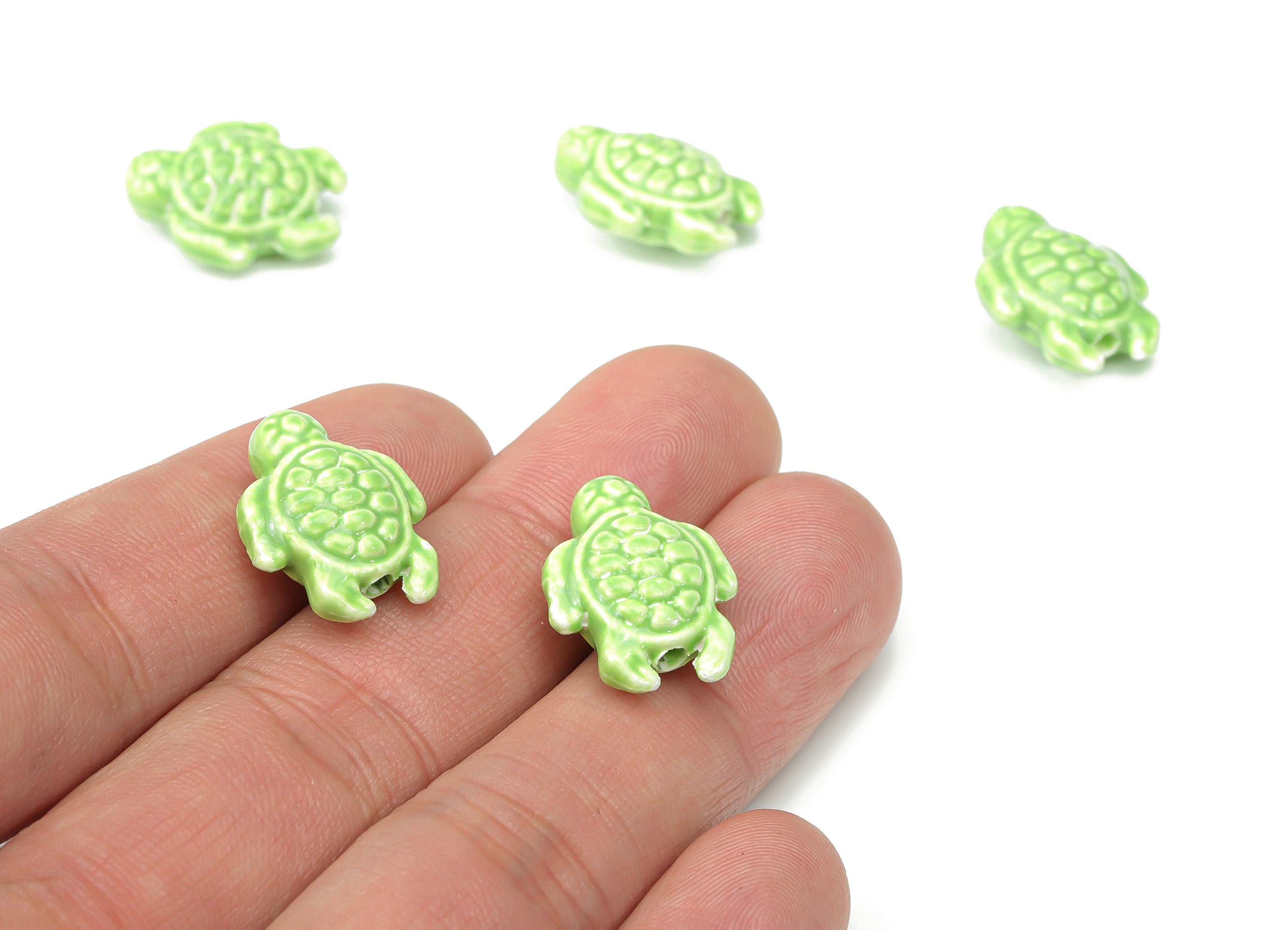 Glazed Ceramic Turtle Beads - Green Carved Turtle Beads - Handmade Connectors Beads - Bracelet Making Beads - 18.86x14.95x8.13mm - NS1836F - DOMEDBAZAAR