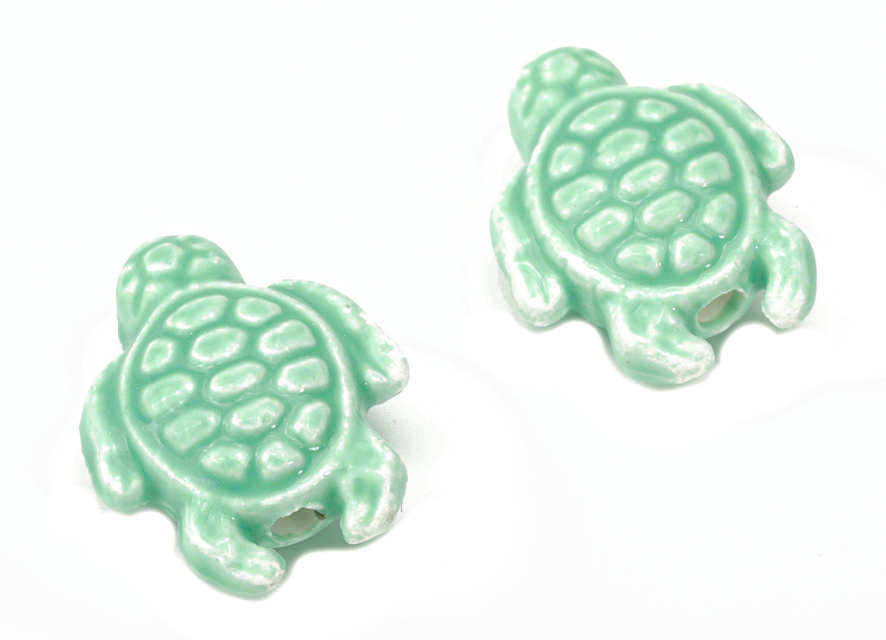 Glazed Ceramic Turtle Beads - Green Carved Turtle Beads - Handmade Beads - Bracelet Beads - Connectors Beads - 18.86x14.95x8.13mm - NS1836C - DOMEDBAZAAR
