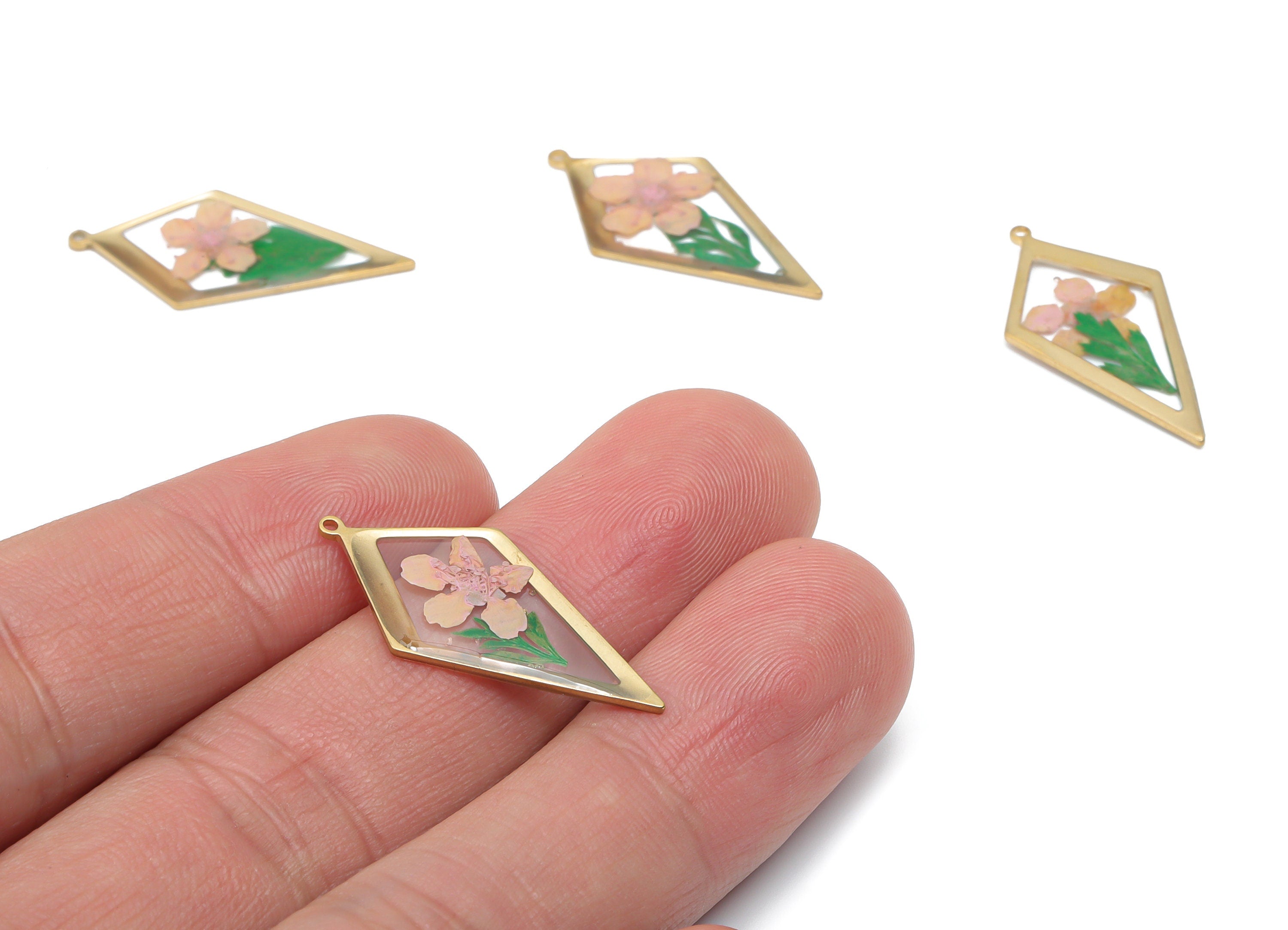 Brass Diamond Earring Charms - Resin Real Flower Pendant – Pink Flower Charm – Floral Resin Jewelry Charms - 28.39x14.02x1.26mm - RC1157 - DOMEDBAZAAR
