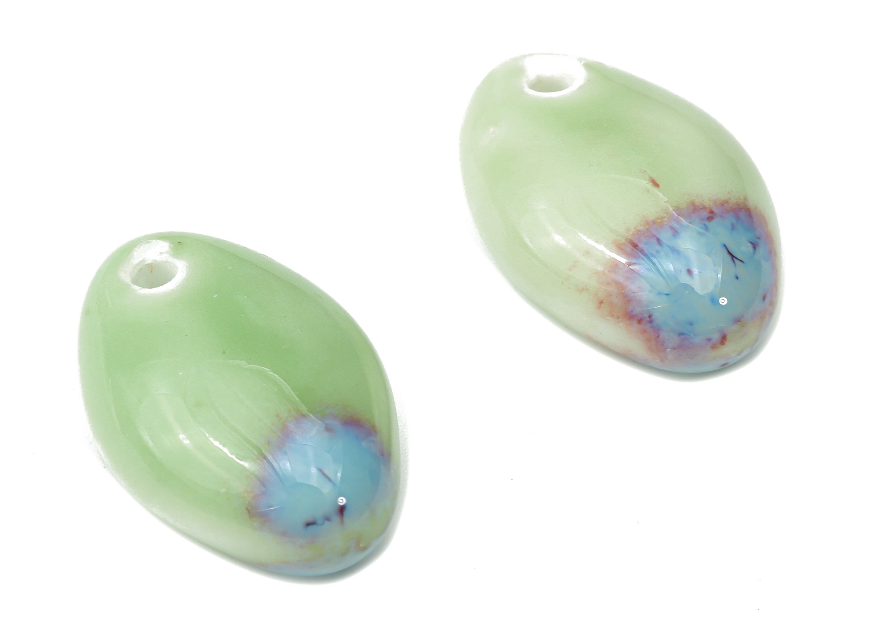 Glazed Ceramic Long Oval Beads - Carved Oval Beads - Handmade Beads - Bracelet Making Beads - Connectors Beads - 23.97x15.86x9.87mm - NS1782 - DOMEDBAZAAR