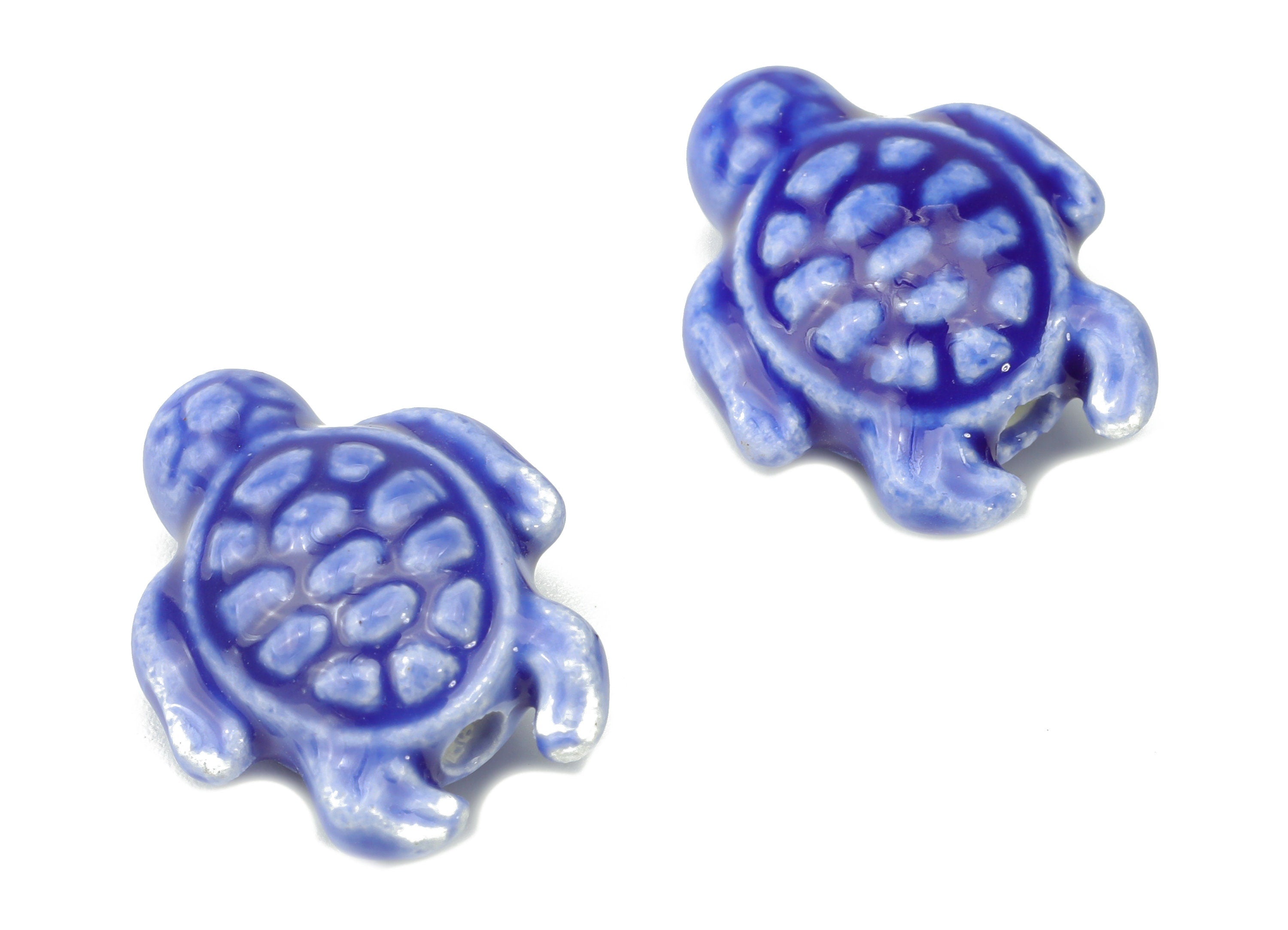 Glazed Ceramic Turtle Beads - Blue Carved Turtle Beads - Handmade Beads - Bracelet Beads - Connectors Beads - 18.86x14.95x8.13mm - NS1836A - DOMEDBAZAAR