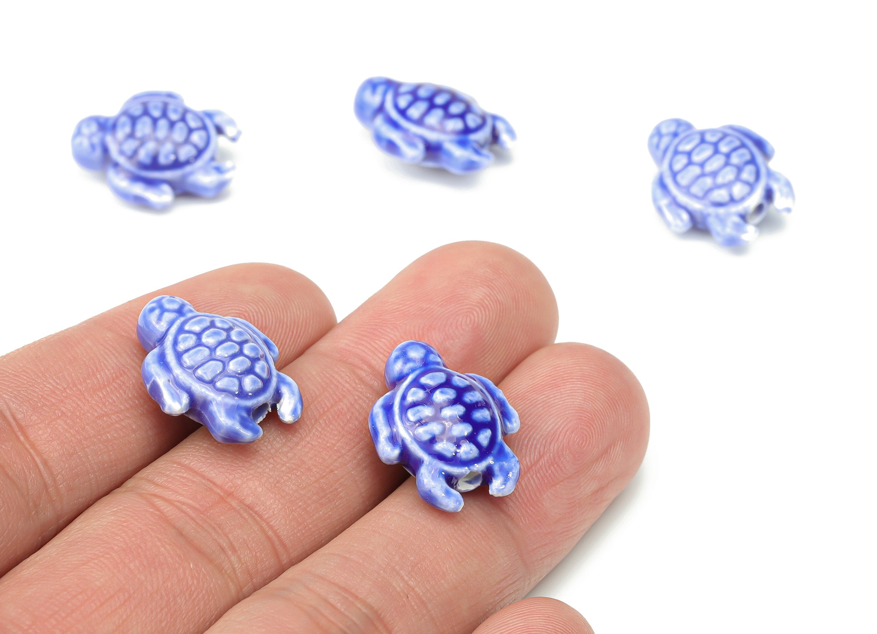 Glazed Ceramic Turtle Beads - Blue Carved Turtle Beads - Handmade Beads - Bracelet Beads - Connectors Beads - 18.86x14.95x8.13mm - NS1836A - DOMEDBAZAAR