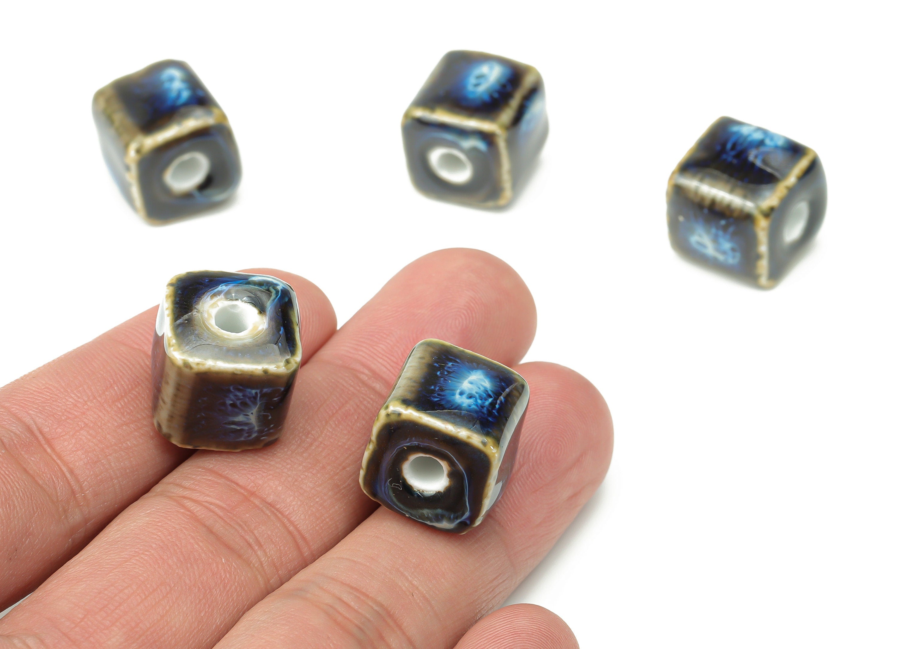 Glazed Ceramic Cube Beads - Carved Cube Beads - Handmade Beads - Bracelet Making Beads - Connectors Beads - 15.75x15.4x1.45mm - NS1797 - DOMEDBAZAAR
