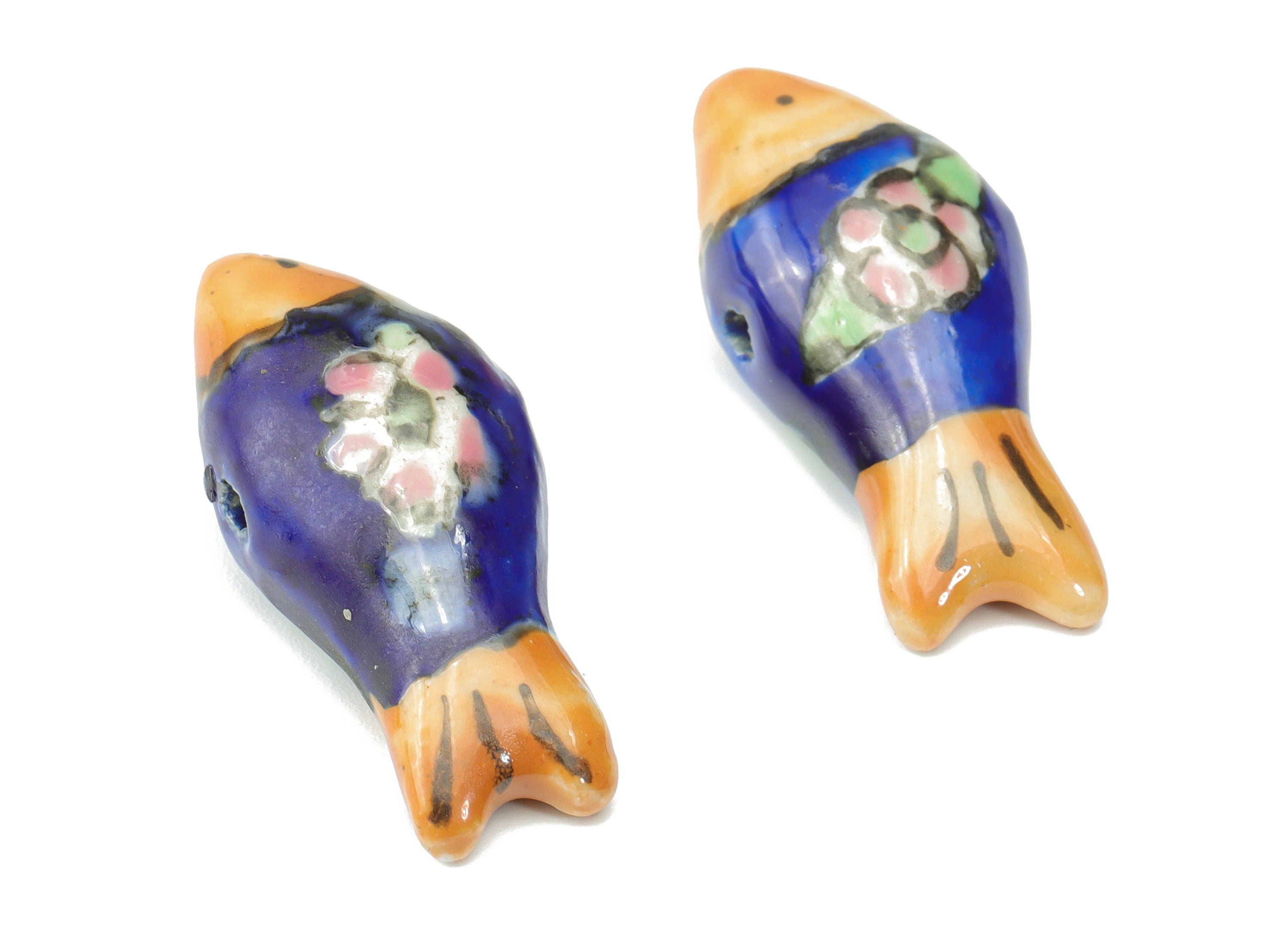 Glazed Ceramic Fish Flower Beads - Carved Cute Fish Beads - Handmade Beads - Bracelet Beads - Connectors Beads - 26.56x12.17x9.4mm - NS1835A - DOMEDBAZAAR