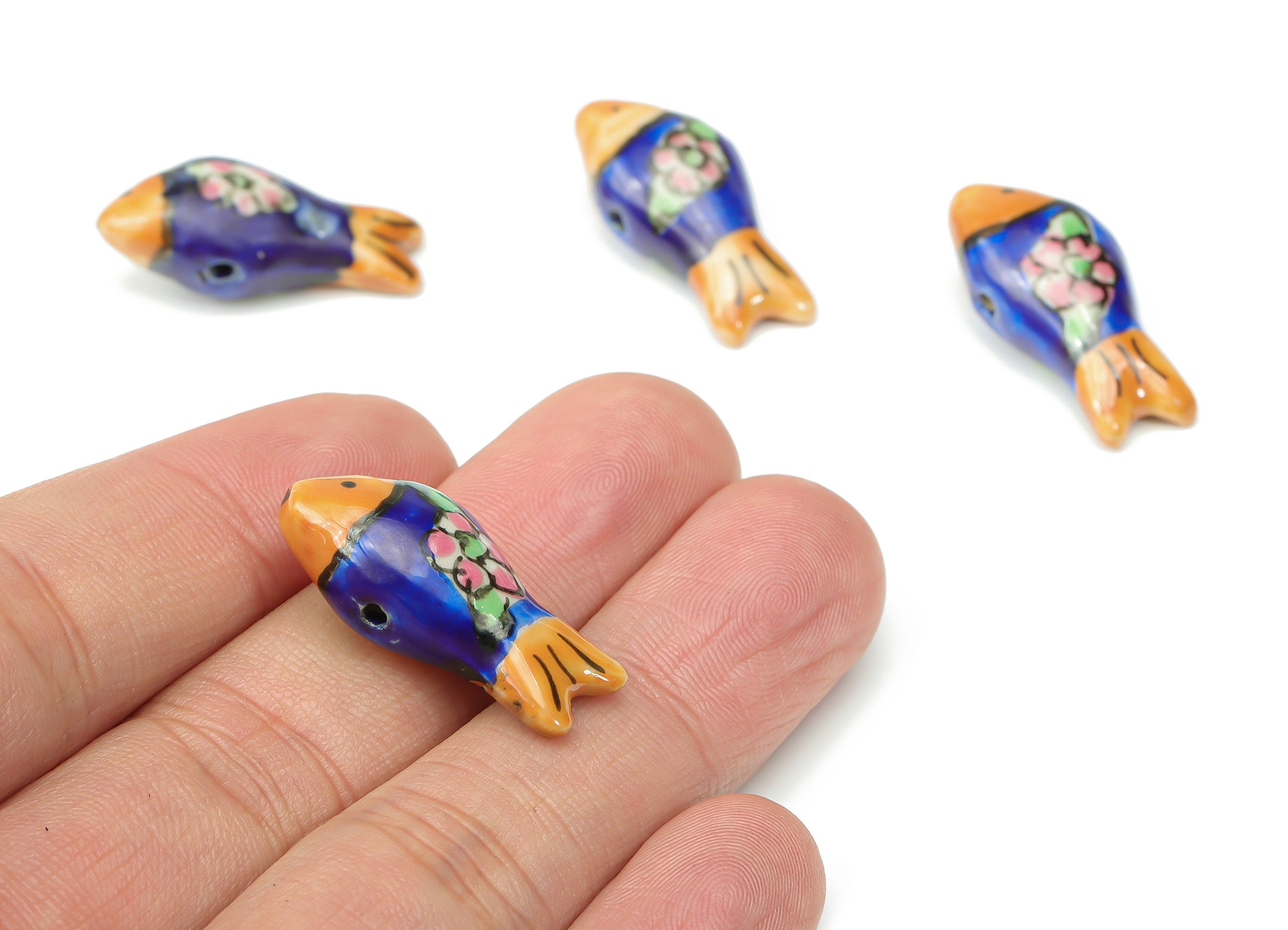Glazed Ceramic Fish Flower Beads - Carved Cute Fish Beads - Handmade Beads - Bracelet Beads - Connectors Beads - 26.56x12.17x9.4mm - NS1835A - DOMEDBAZAAR