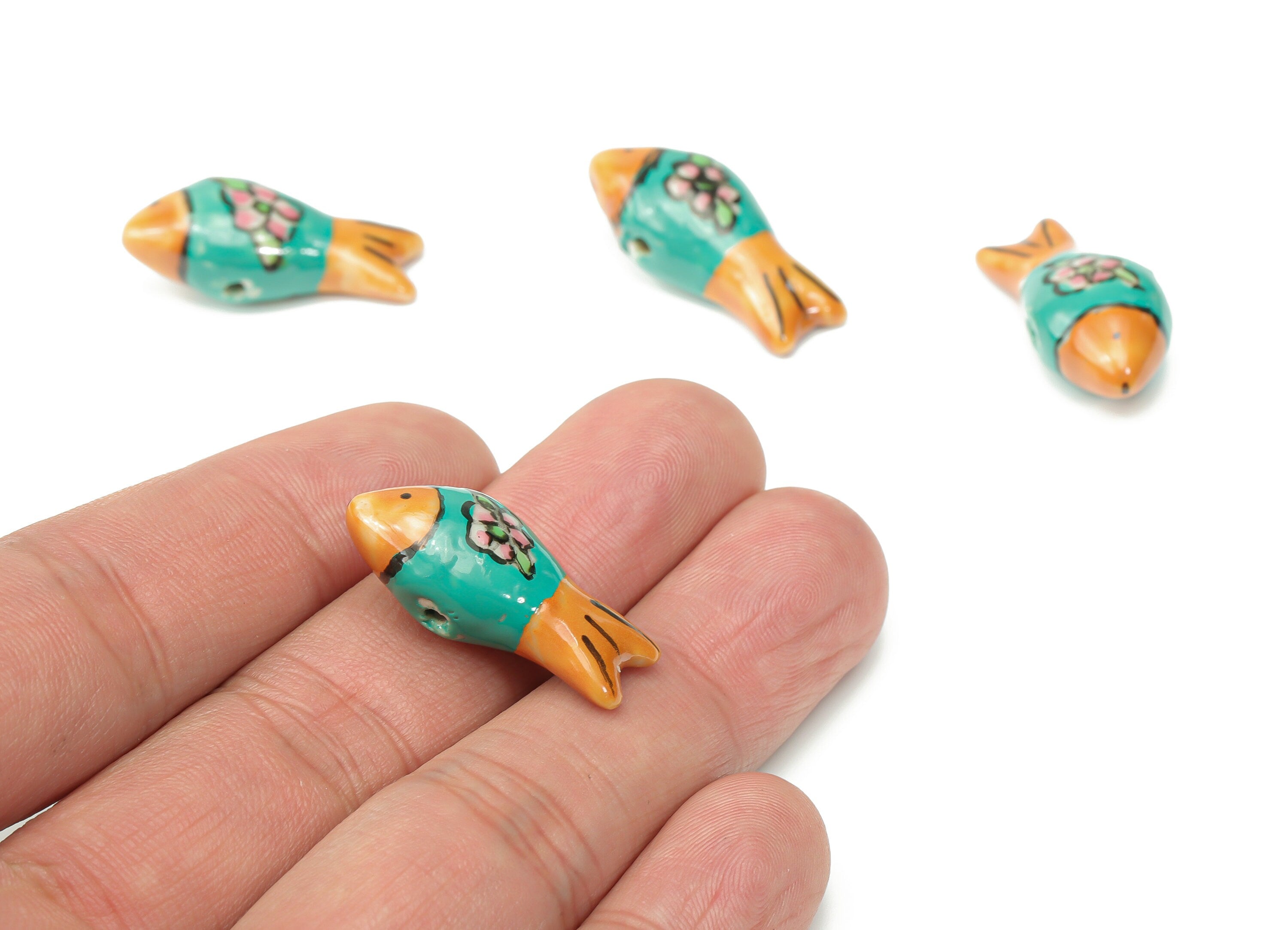 Glazed Ceramic Fish Flower Beads - Carved Cute Fish Beads - Handmade Beads - Bracelet Beads - Connectors Beads - 26.56x12.17x9.4mm - NS1835B - DOMEDBAZAAR