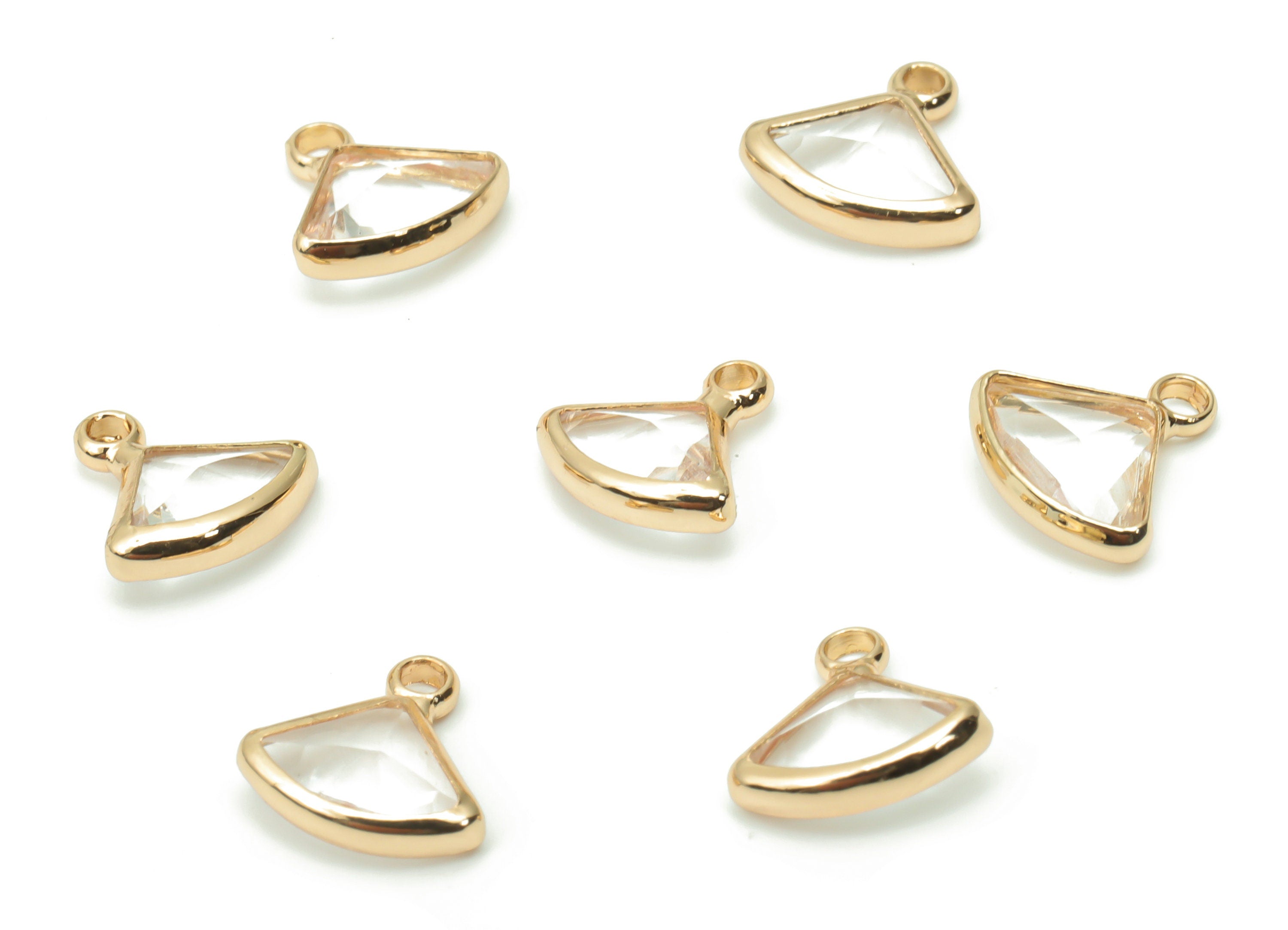 Glass Mini Triangle Loop Earring Charms - Brass Mini Fan Frame Pendant - Gold Tone Plated Brass - Faceted Glass - 9.15x9.08x3.24mm - GS1093 - DOMEDBAZAAR
