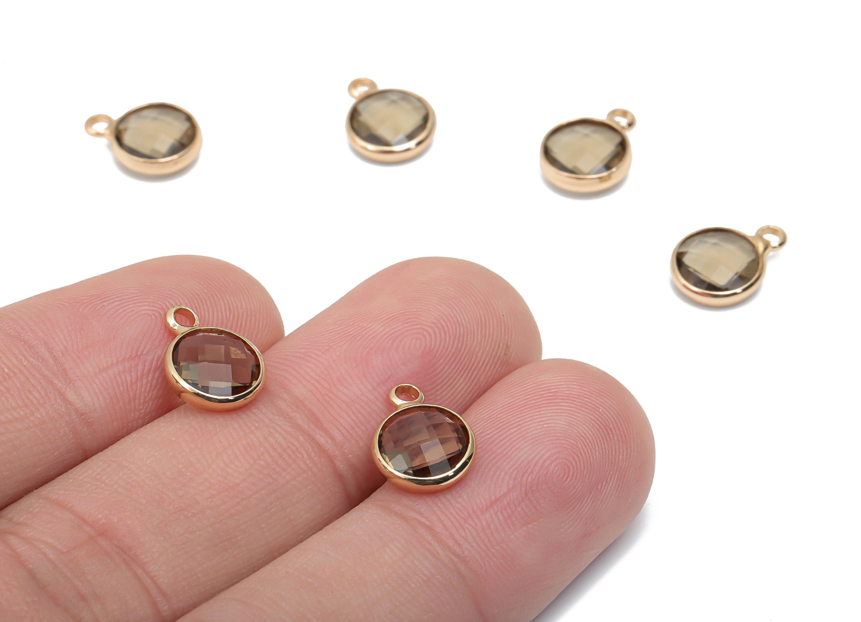 Glass Round Earring Charms With Loop - Brass Circle Frame Pendant - Gold Tone Plated Brass - Faceted Glass - 11.59x8.72x3.75mm - GS1120H - DOMEDBAZAAR