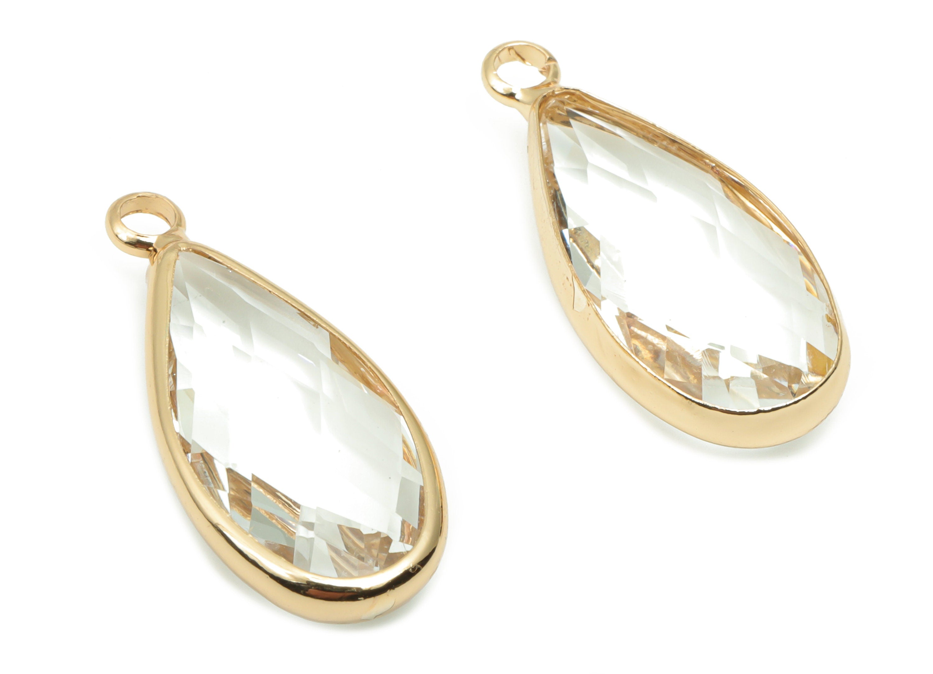 Glass Drop Loop Earring Charms - Brass Teardrop Frame Pendant - Gold Tone Plated Brass - Faceted Glass - 24.13x10.58x4.84mm - GS1089 - DOMEDBAZAAR