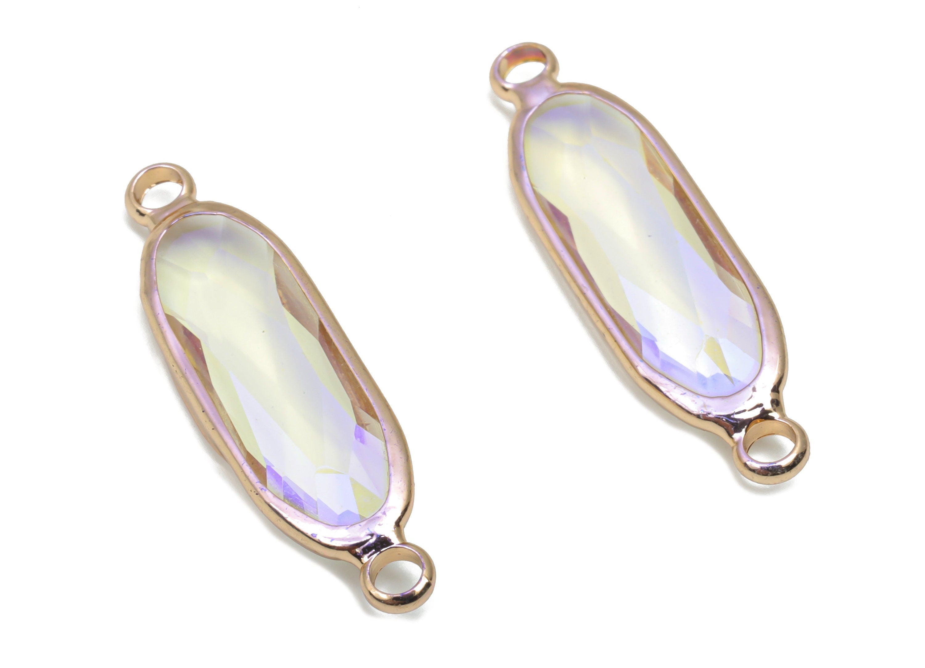 Glass Oval Earring Connector - Brass Oval Frame Charms - Bracelet Connector - Gold Tone Plated Brass - Faceted Glass - 29x7.7x5mm - GS1119B - DOMEDBAZAAR