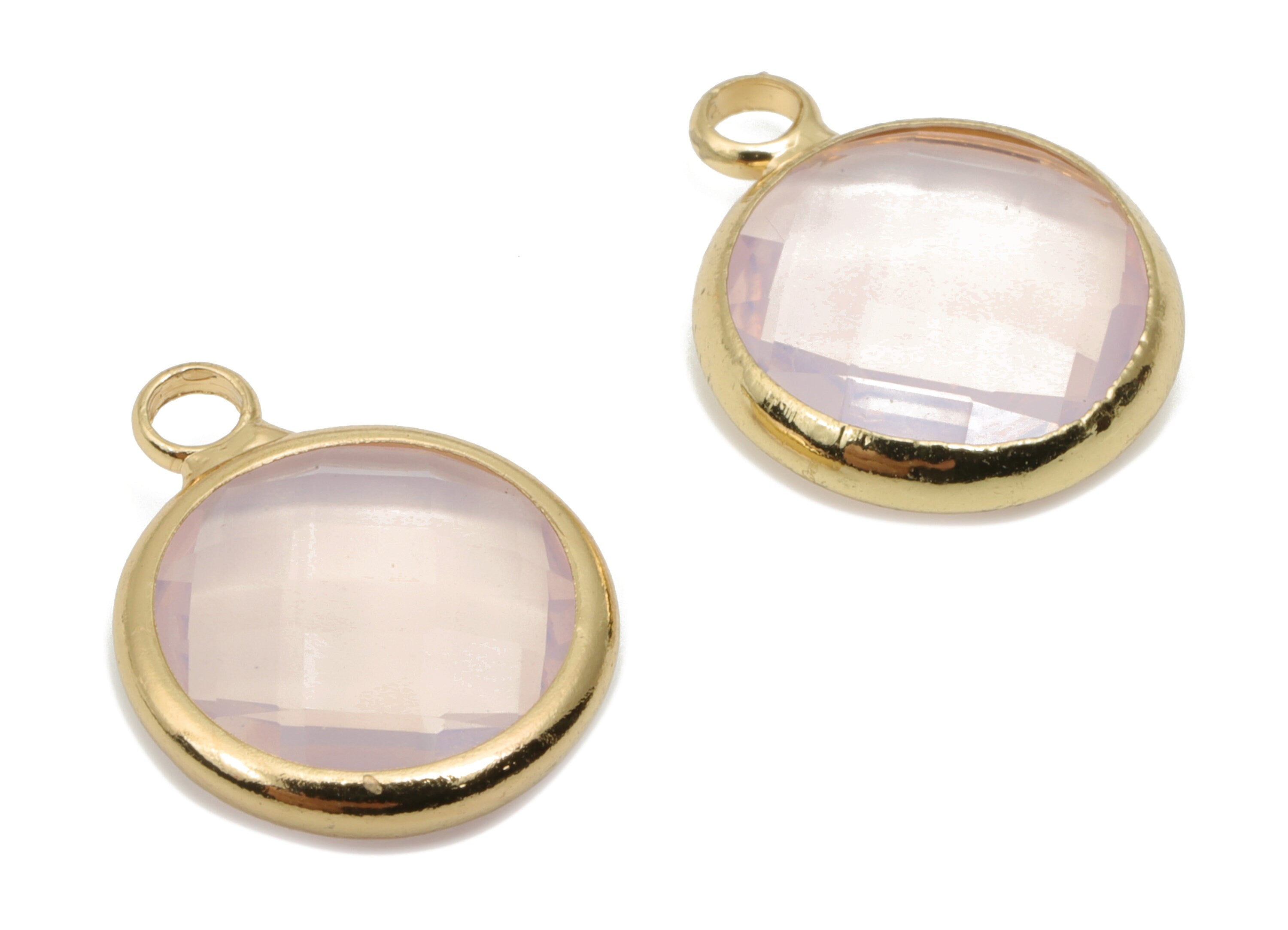 Glass Round Loop Earring Charms - Brass Circle Frame Pendant - Gold Tone Plated Brass - Faceted Glass - 15.87x12.71x4.06mm - GS1096 - DOMEDBAZAAR