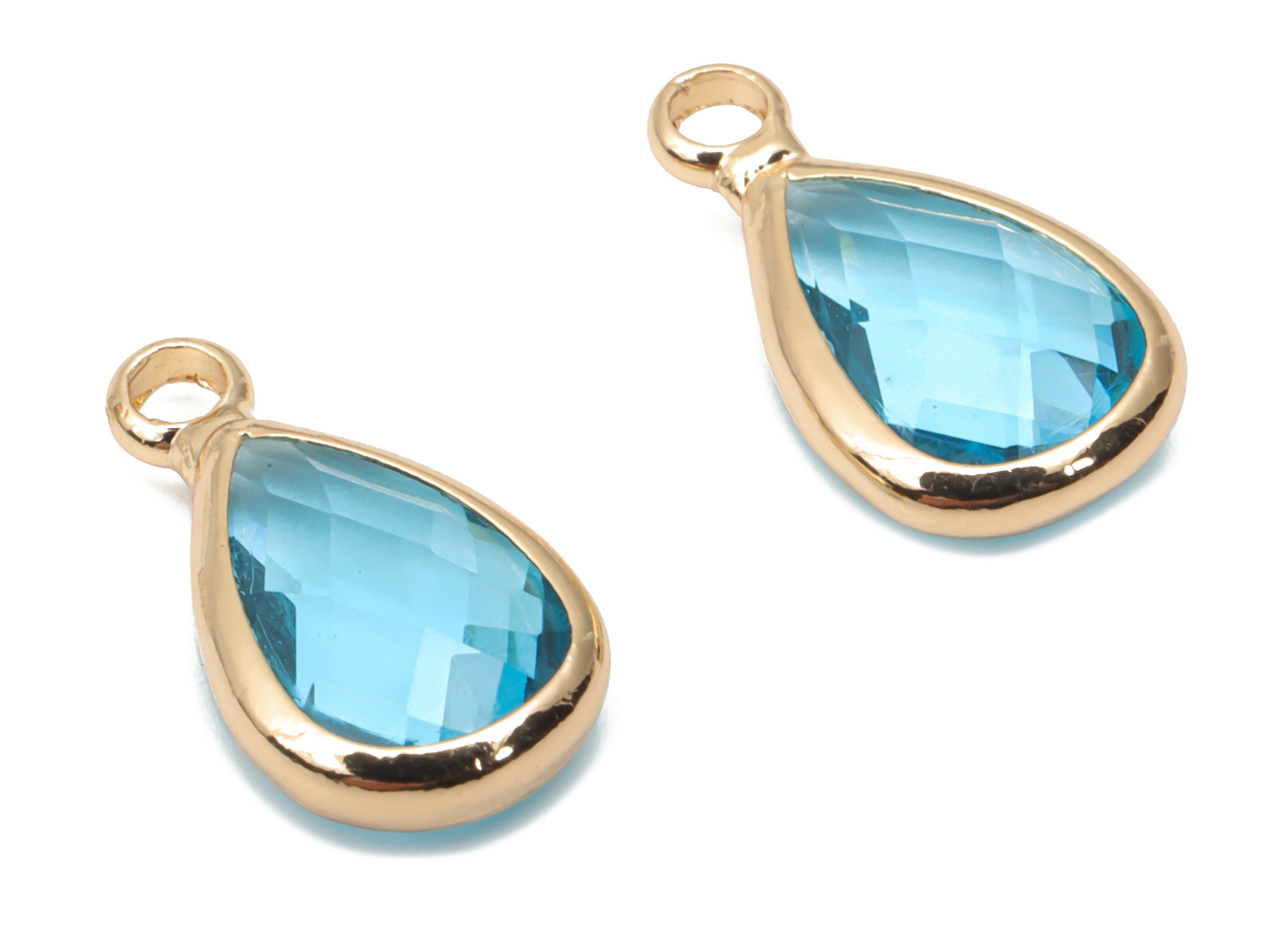 Glass Drop Earring Charms - Brass Teardrop Frame Pendant - Gold Tone Plated Brass - Faceted Glass - 13.82x7.62x3.98mm - GS1121C - DOMEDBAZAAR
