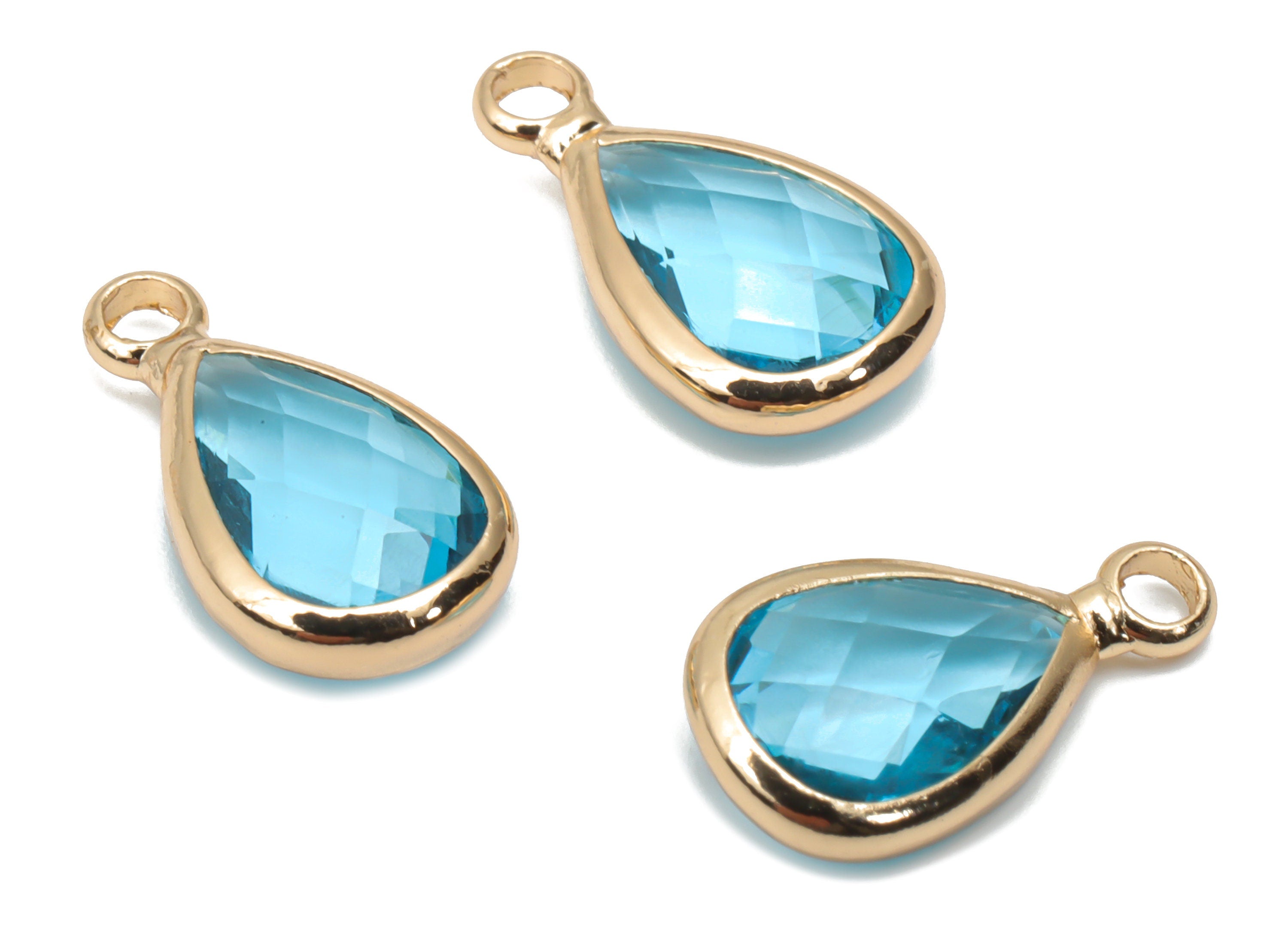 Glass Drop Earring Charms - Brass Teardrop Frame Pendant - Gold Tone Plated Brass - Faceted Glass - 13.82x7.62x3.98mm - GS1121C - DOMEDBAZAAR
