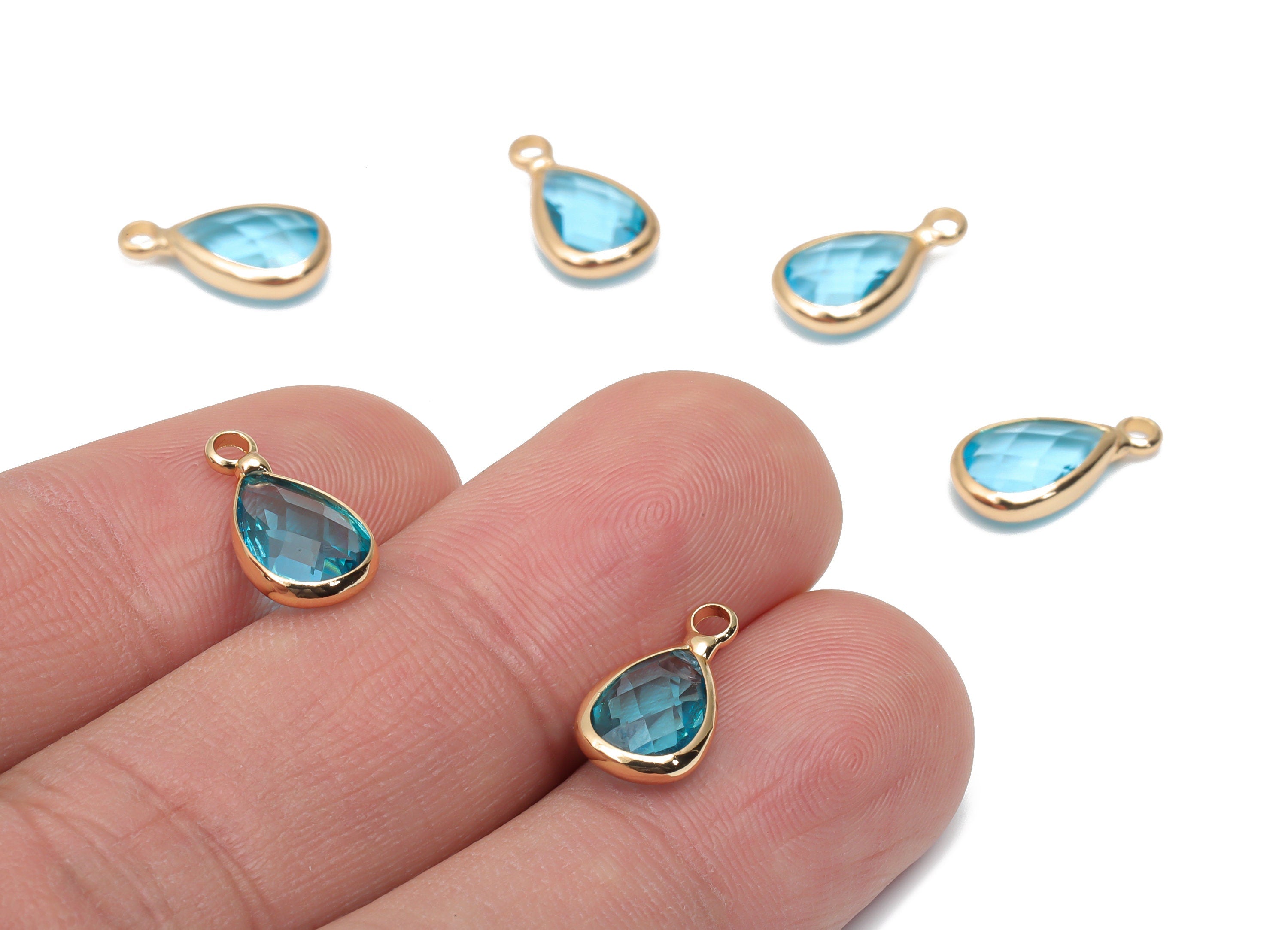 Glass Drop Earring Charms - Brass Teardrop Frame Pendant - Gold Tone Plated Brass - Faceted Glass - 13.82x7.62x3.98mm - GS1121C - DOMEDBAZAAR
