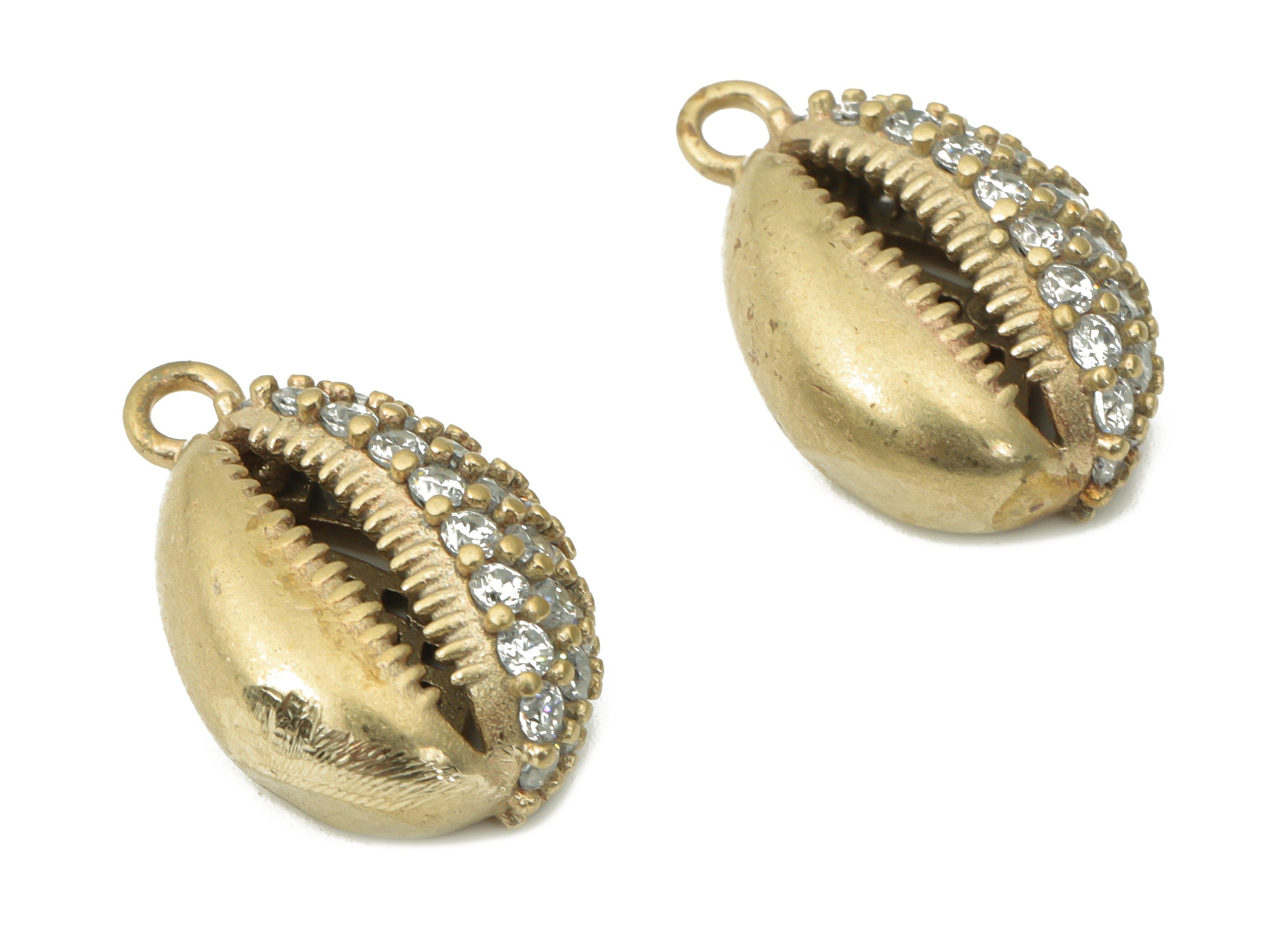 Brass Cowrie Seashell Earring Charms with Zircons - Raw Brass Shell Pendant - Jewelry Making Supplies - 15.96x10.36x5.52mm - PP5268 - DOMEDBAZAAR