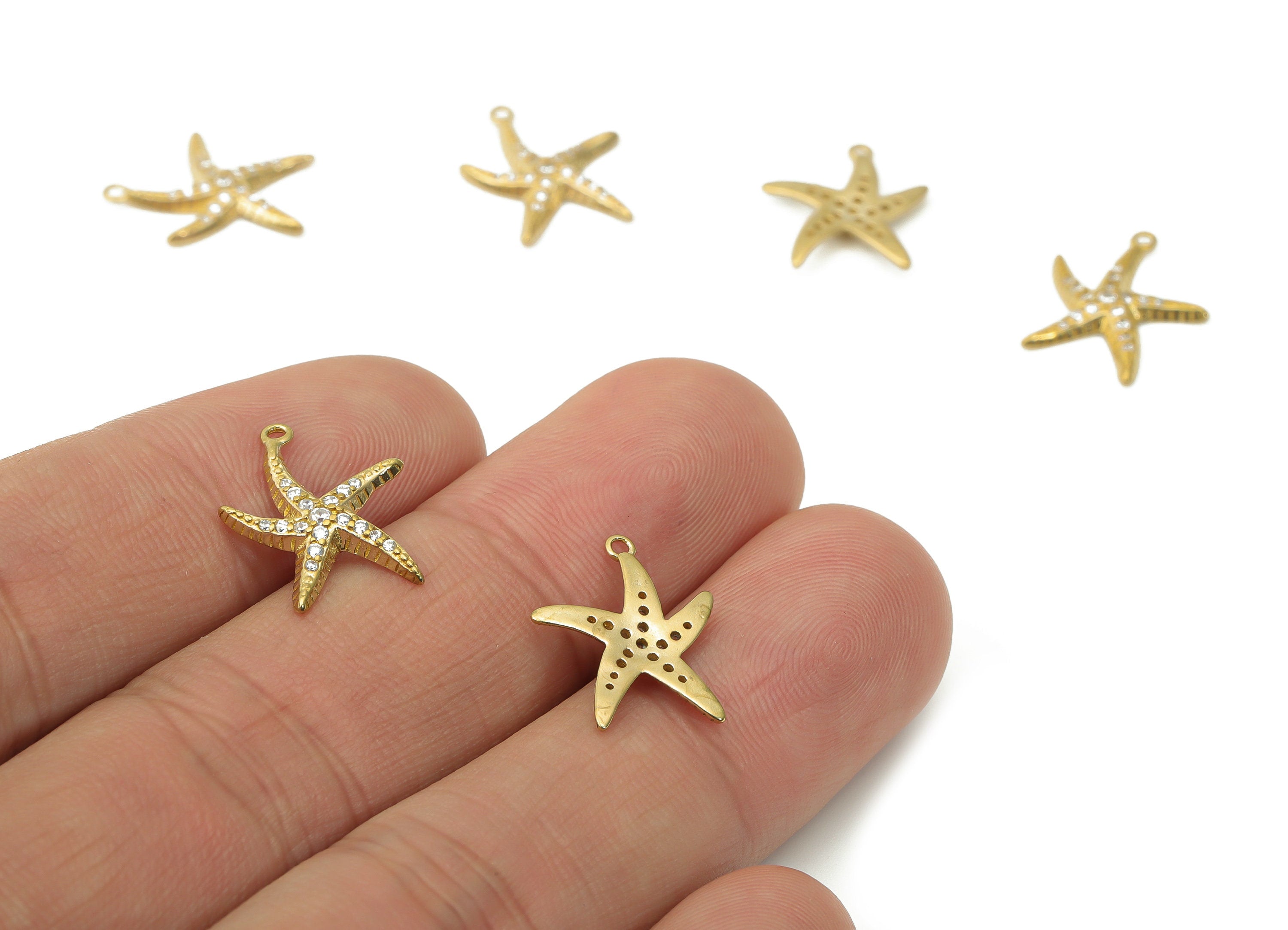 Brass Starfish Earring Charms with Zircons - Raw Brass Sea Star Pendant - Jewelry Making Supplies - 17.5x13.11x1.94mm - PP5266 - DOMEDBAZAAR