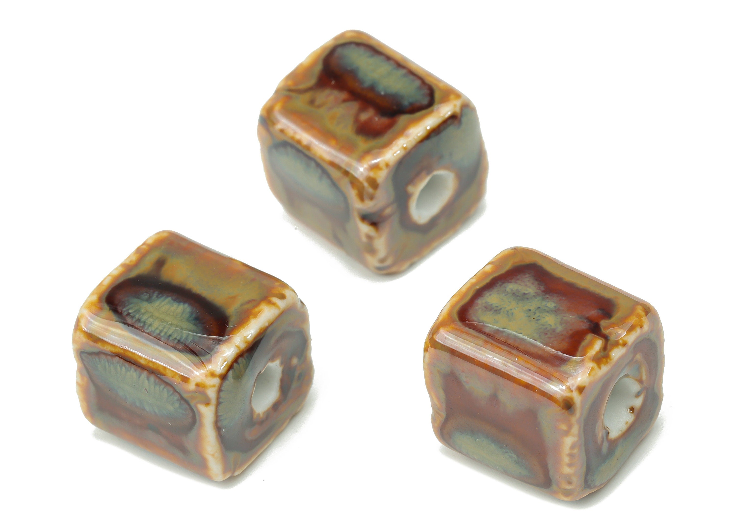 Glazed Ceramic Cube Beads - Carved Cube Beads - Handmade Beads - Bracelet Making Beads - Connectors Beads - 14.32x14.32x14.14mm - NS1808 - DOMEDBAZAAR