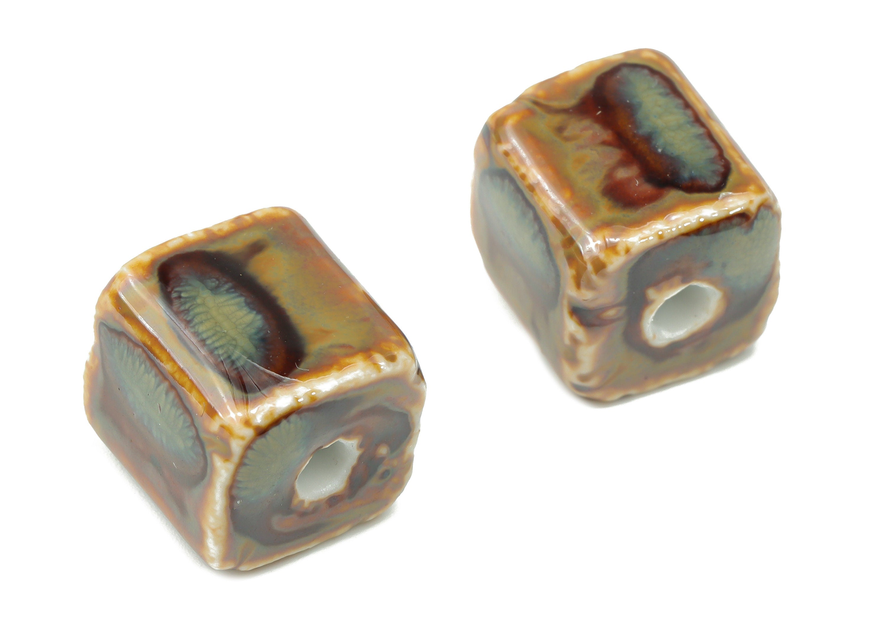 Glazed Ceramic Cube Beads - Carved Cube Beads - Handmade Beads - Bracelet Making Beads - Connectors Beads - 14.32x14.32x14.14mm - NS1808 - DOMEDBAZAAR