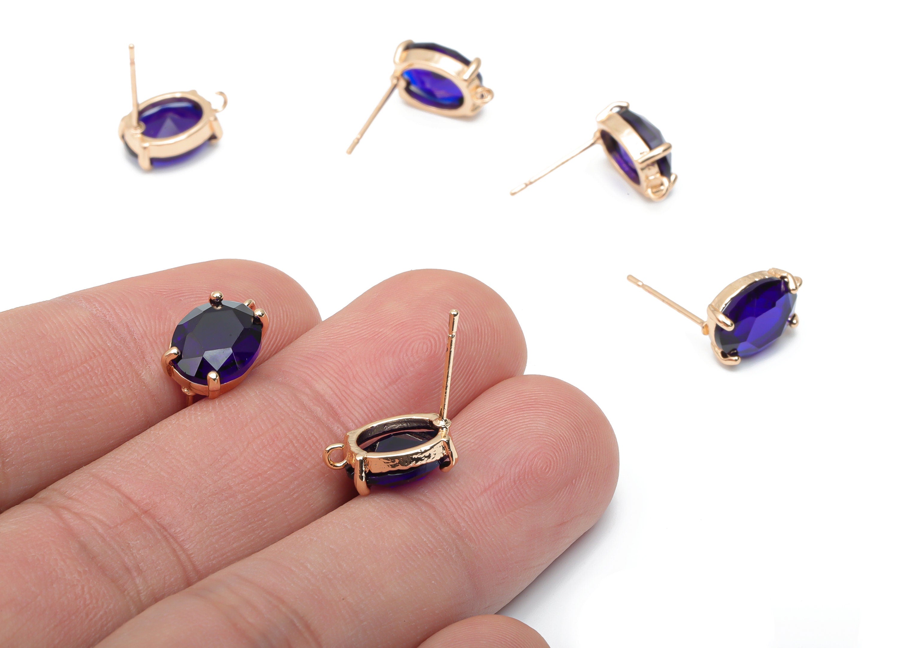 Glass Oval Earring Stud - Brass Oval Earring Post - Gold Tone Plated Brass - Faceted Glass - Jewelry Supplies - 12.36x8.14x4.51mm - GS1126A - DOMEDBAZAAR