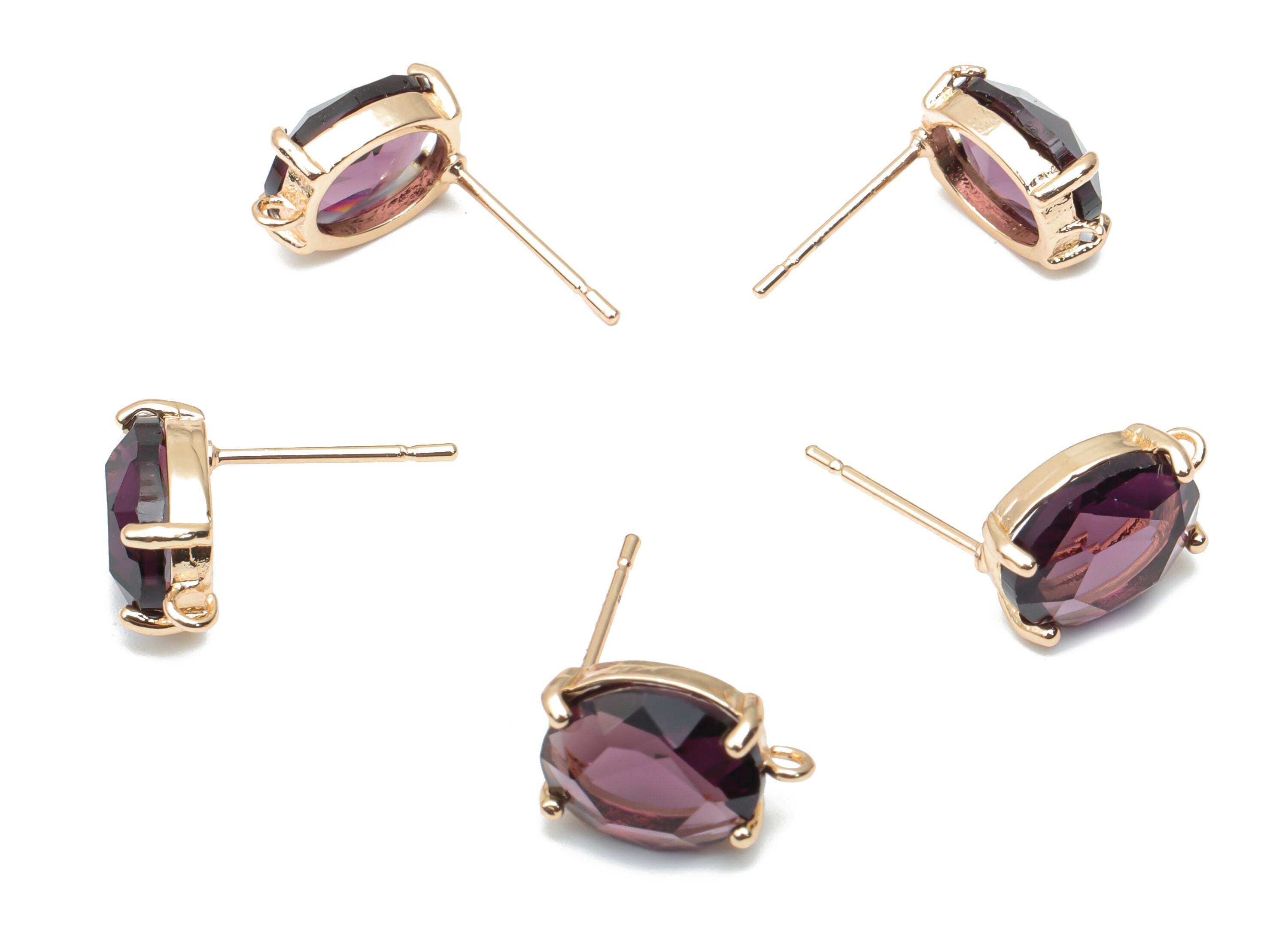 Glass Oval Earring Stud - Brass Oval Earring Post - Gold Tone Plated Brass - Faceted Glass - Jewelry Supplies - 12.36x8.14x4.51mm - GS1126G - DOMEDBAZAAR