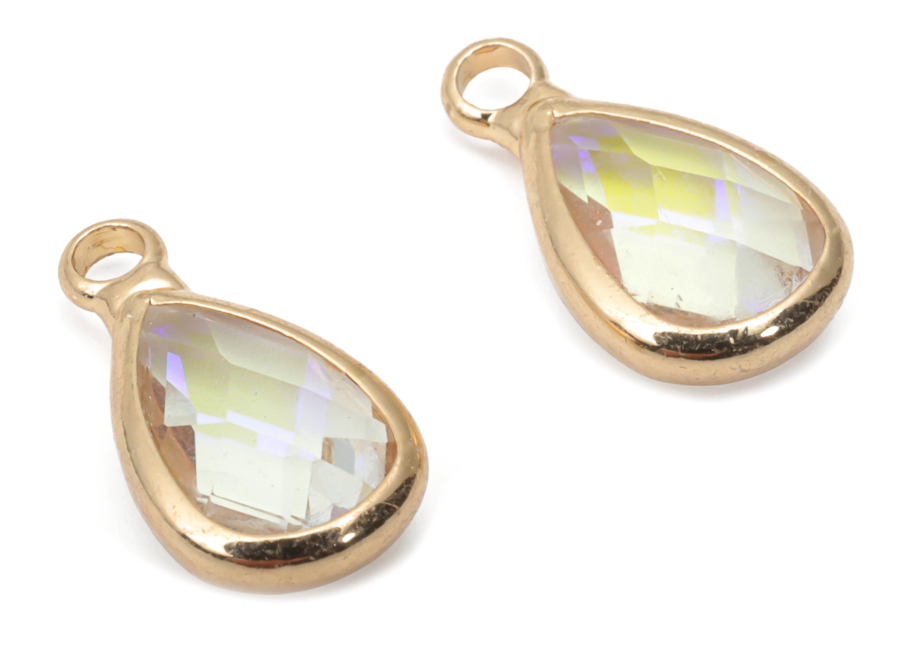 Glass Drop Earring Charms - Brass Teardrop Frame Pendant - Gold Tone Plated Brass - Faceted Glass - 13.82x7.62x3.98mm - GS1121D - DOMEDBAZAAR