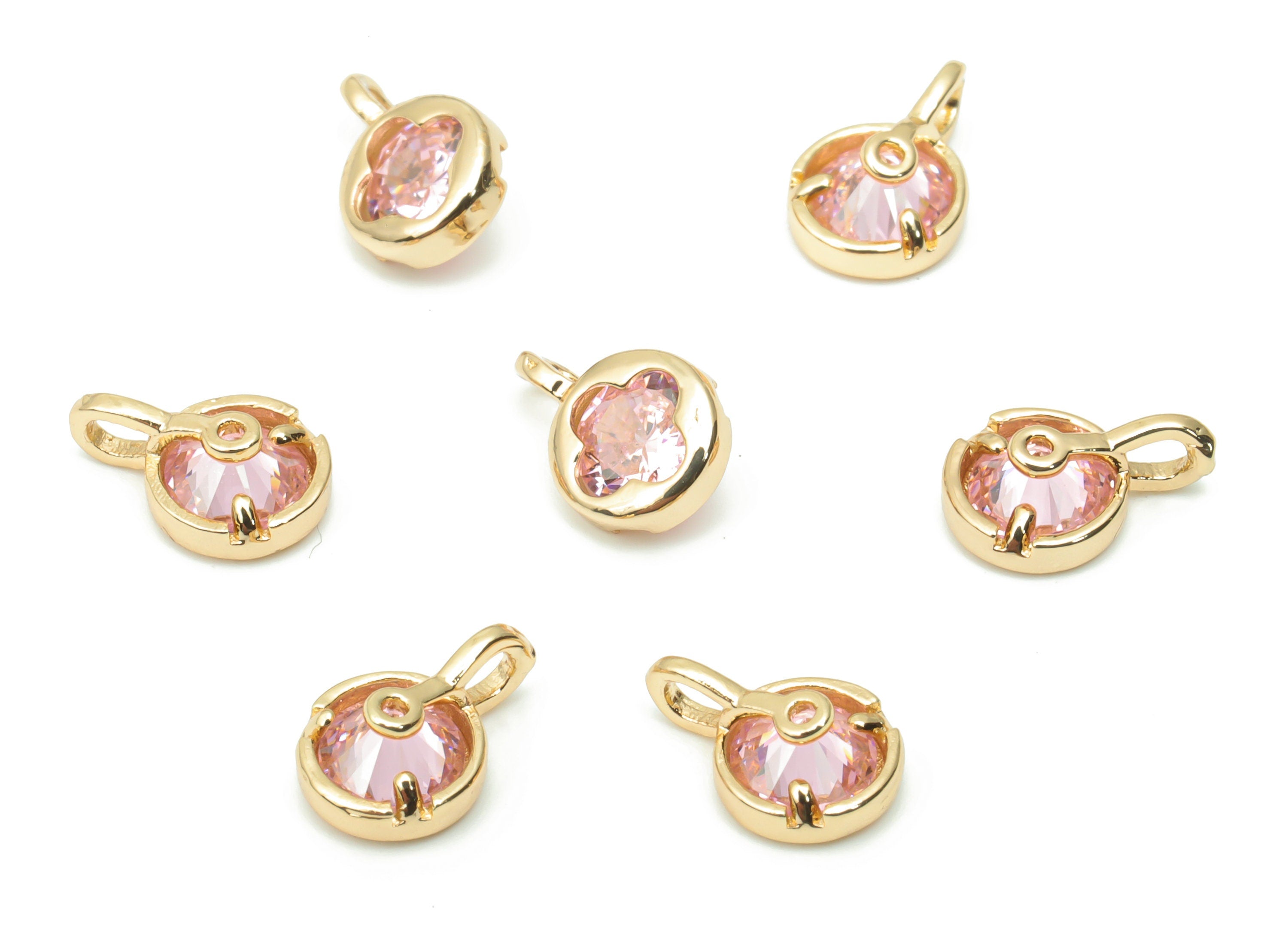 Glass Mini Round Flower Loop Earring Charms - Brass Mini Flower Frame Pendant - Gold Tone Plated Brass - Faceted Glass - 9.2x6x4mm - GS1094A - DOMEDBAZAAR