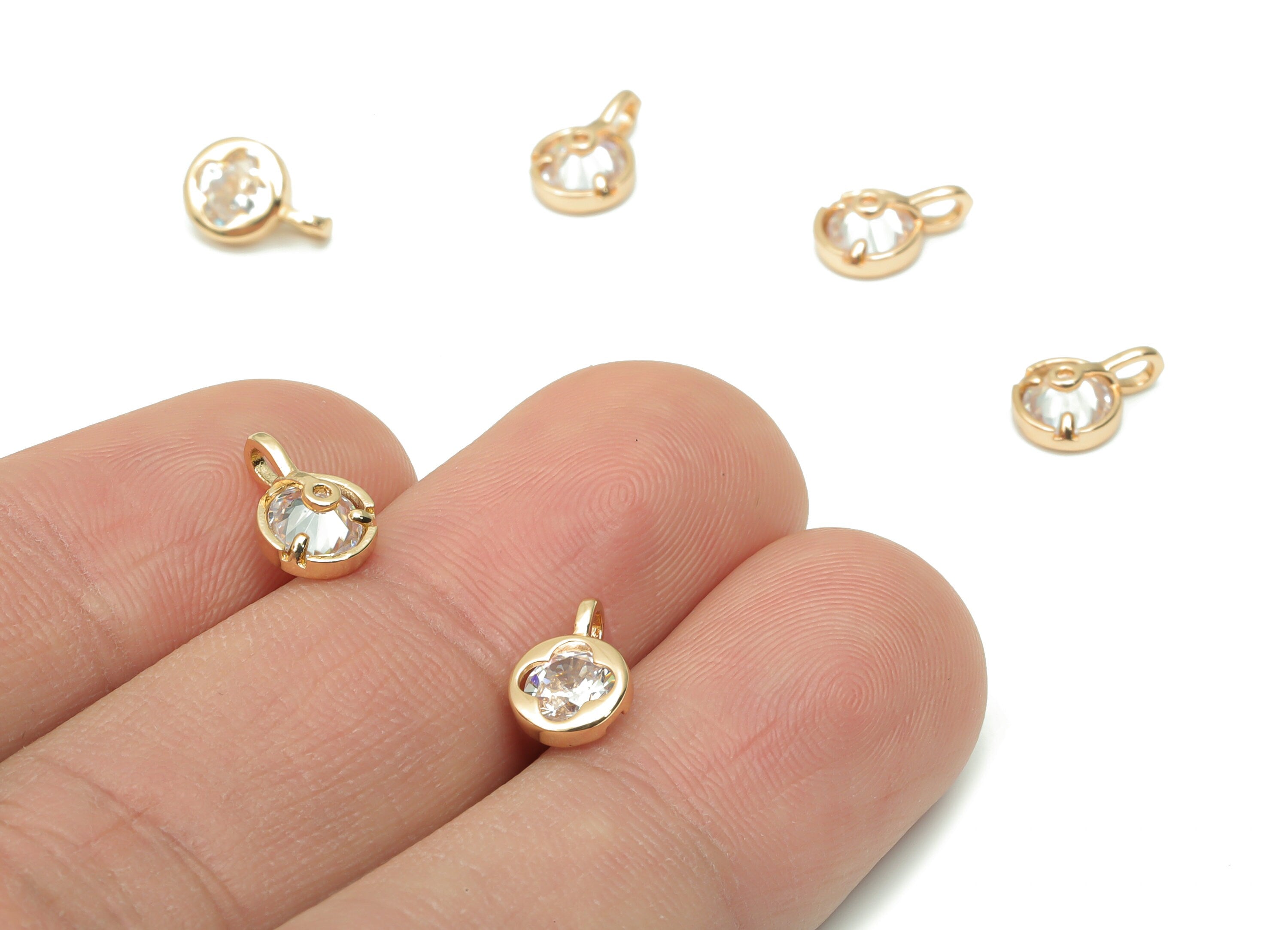 Glass Mini Round Flower Loop Earring Charms - Brass Mini Flower Frame Pendant - Gold Tone Plated Brass - Faceted Glass - 9.2x6x4mm - GS1094C - DOMEDBAZAAR