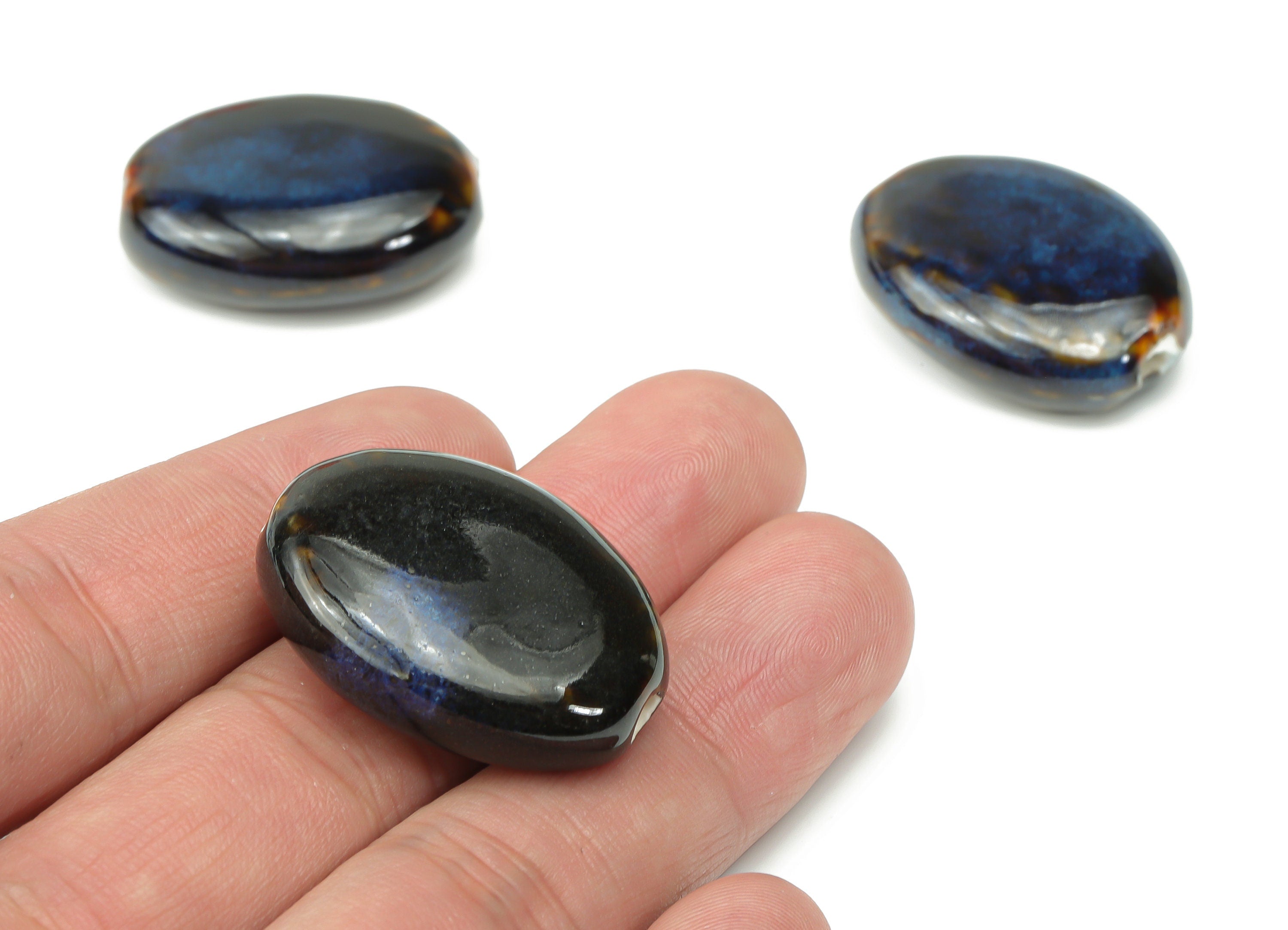 Glazed Ceramic Long Oval Beads - Carved Oval Beads - Handmade Beads - Bracelet Beads - Connectors Beads - 30.39x23.75x9.25mm - NS1787 - DOMEDBAZAAR