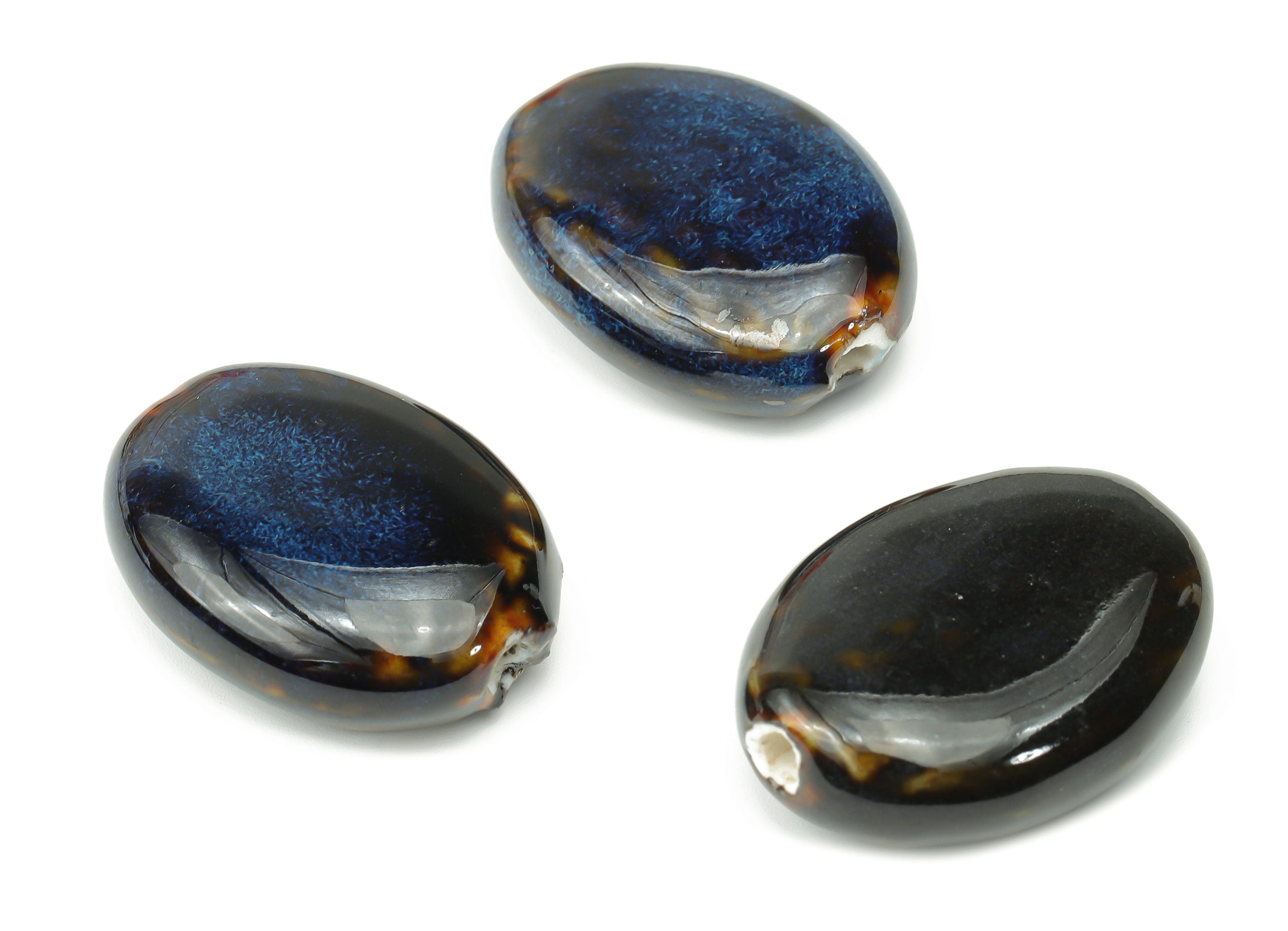 Glazed Ceramic Long Oval Beads - Carved Oval Beads - Handmade Beads - Bracelet Beads - Connectors Beads - 30.39x23.75x9.25mm - NS1787 - DOMEDBAZAAR