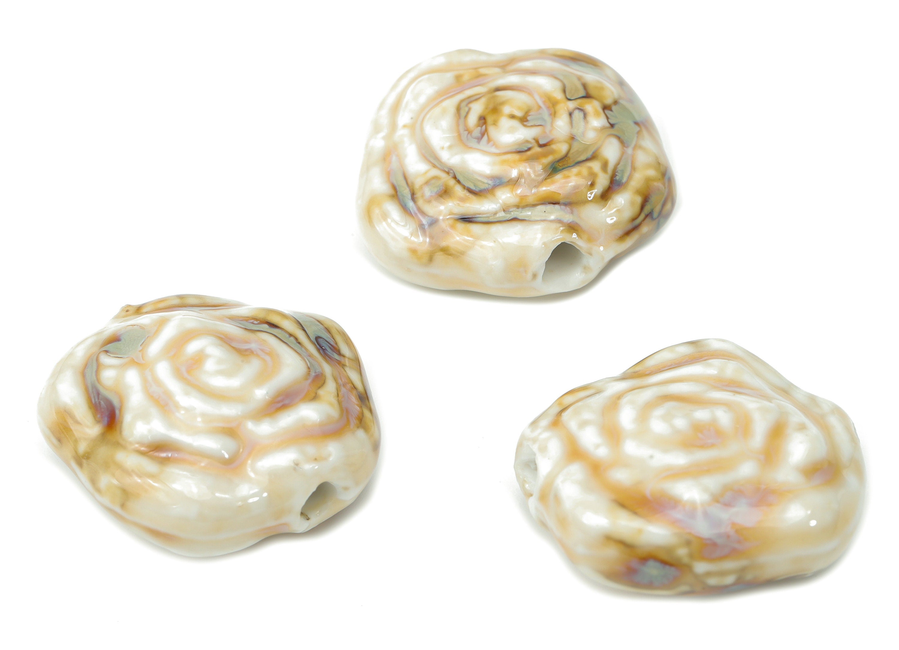 Glazed Ceramic White Rose Beads - Carved Flower Beads - Handmade Beads - Bracelet Beads - Connectors Beads - 25.24x25.13x11.12mm - NS1800 - DOMEDBAZAAR