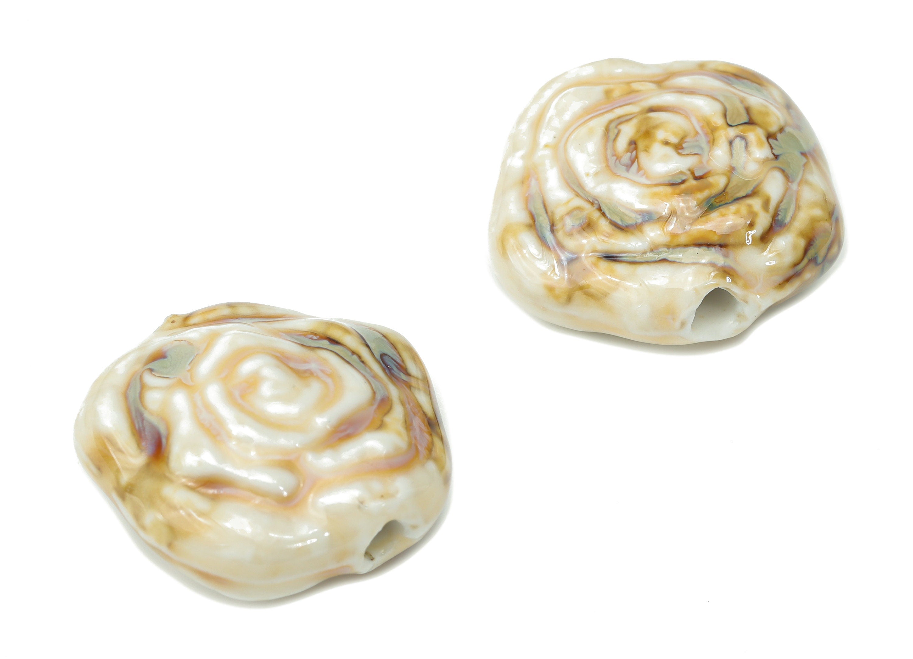 Glazed Ceramic White Rose Beads - Carved Flower Beads - Handmade Beads - Bracelet Beads - Connectors Beads - 25.24x25.13x11.12mm - NS1800 - DOMEDBAZAAR