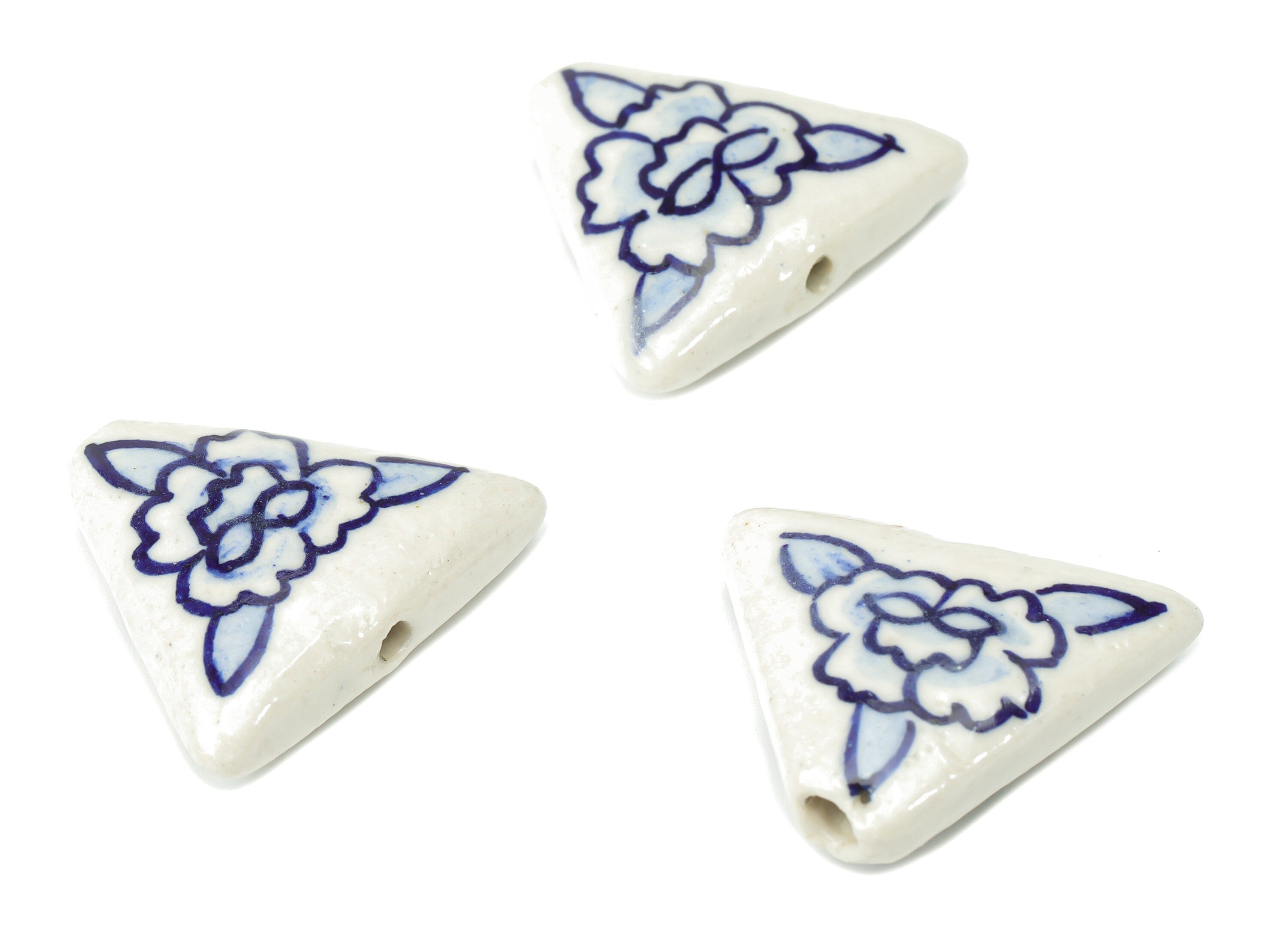 Glazed Ceramic Flower Triangle Beads - Carved Triangle Beads - Handmade Beads - Bracelet Beads - Connectors Beads - 25.4x21.6x7.5mm - NS1840 - DOMEDBAZAAR