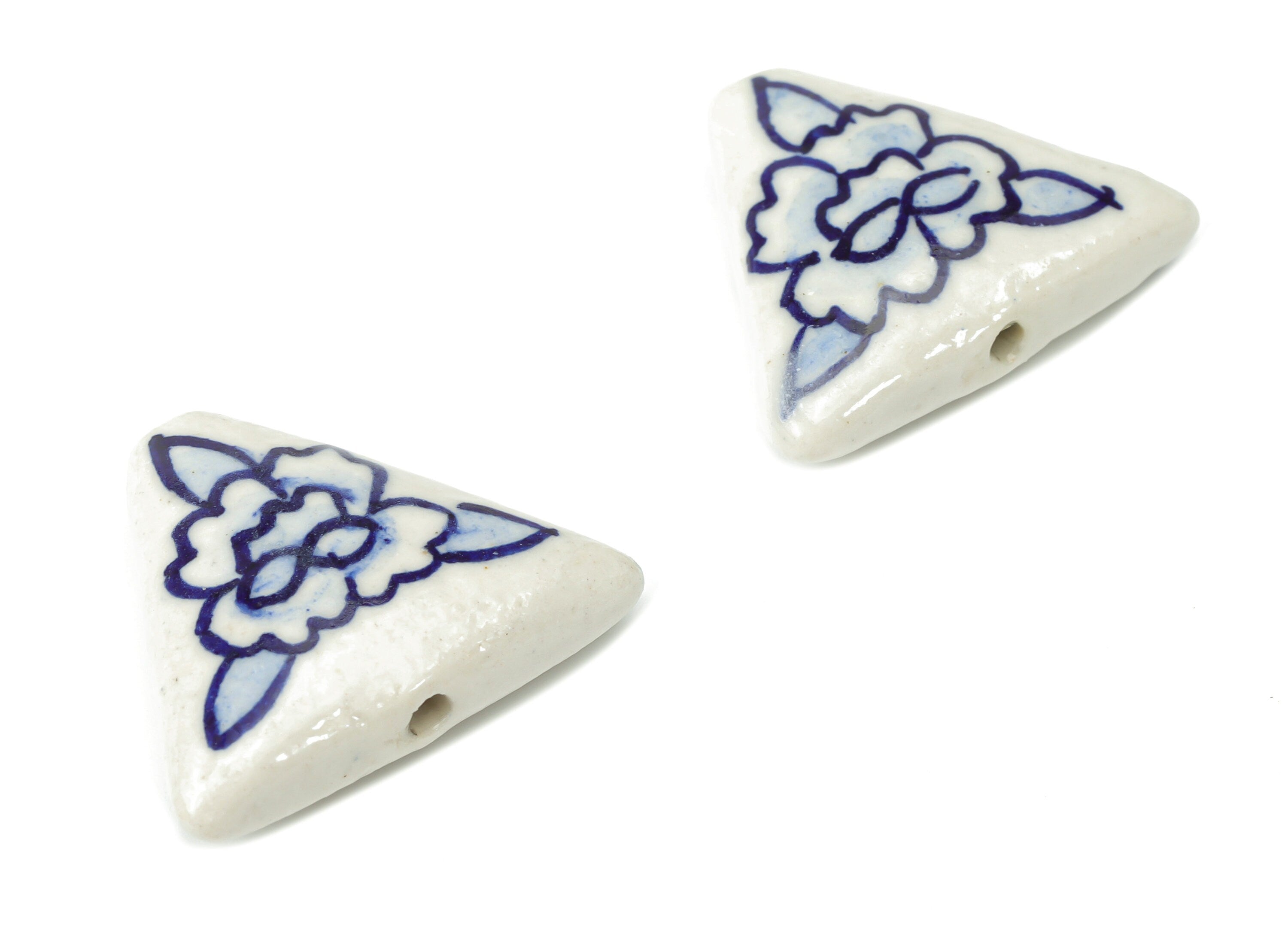 Glazed Ceramic Flower Triangle Beads - Carved Triangle Beads - Handmade Beads - Bracelet Beads - Connectors Beads - 25.4x21.6x7.5mm - NS1840 - DOMEDBAZAAR