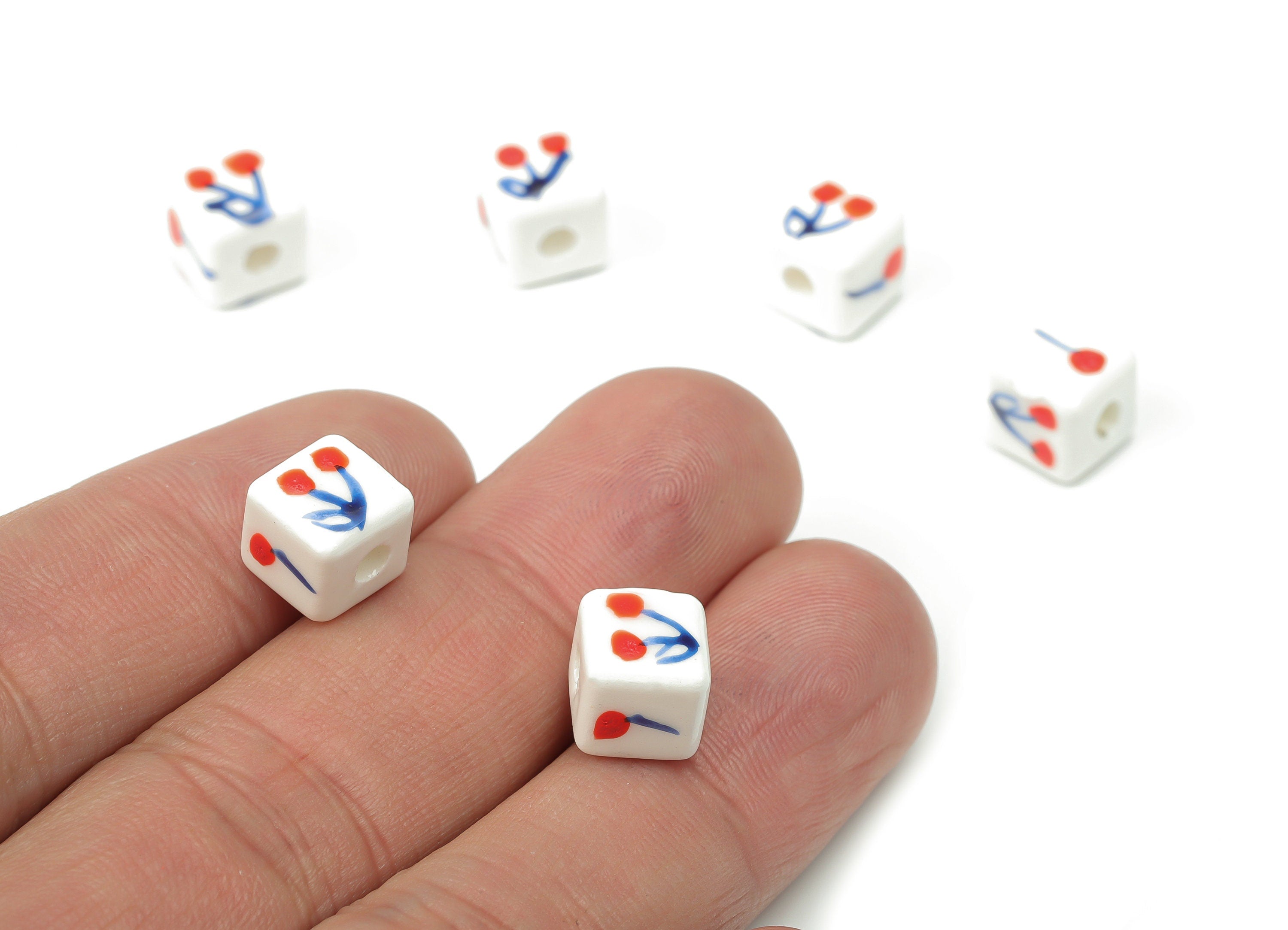 Glazed Ceramic Mini Cube Beads - Carved Cherry Beads - Handmade Beads - Bracelet Beads - Connectors Beads - 8.48x8.48x8.27mm - NS1848 - DOMEDBAZAAR