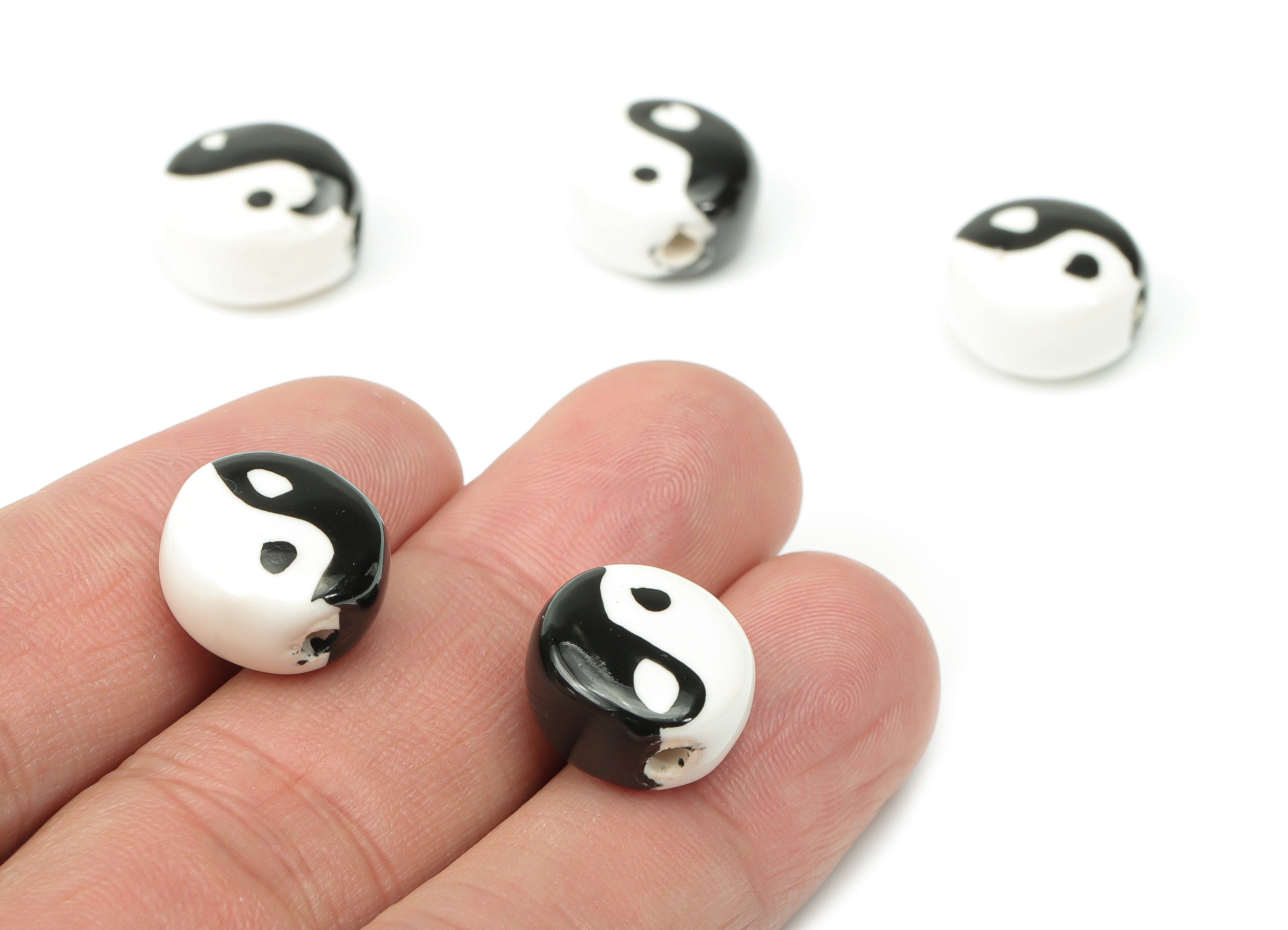 Glazed Ceramic Pattern Round Beads - Carved Yin Yang Beads - Handmade Connectors Beads - Bracelet Making Beads - 13.96x13.96x7.61mm - NS1846 - DOMEDBAZAAR