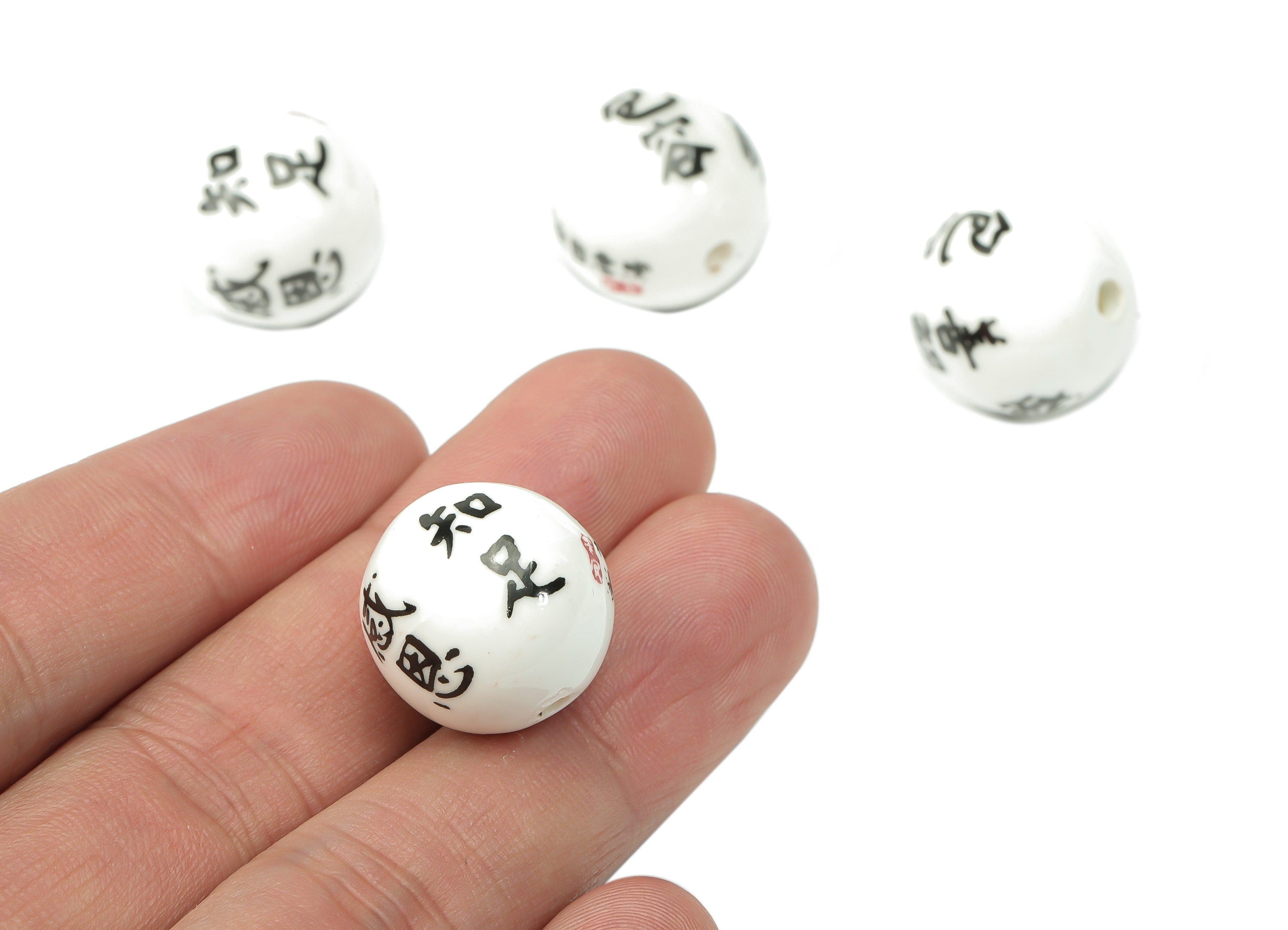 Glazed Ceramic Big Ball Beads - Carved Chinese Letters Beads - Handmade Connectors Beads - Bracelet Making Beads - 17.96x18.3x18.3mm- NS1828 - DOMEDBAZAAR