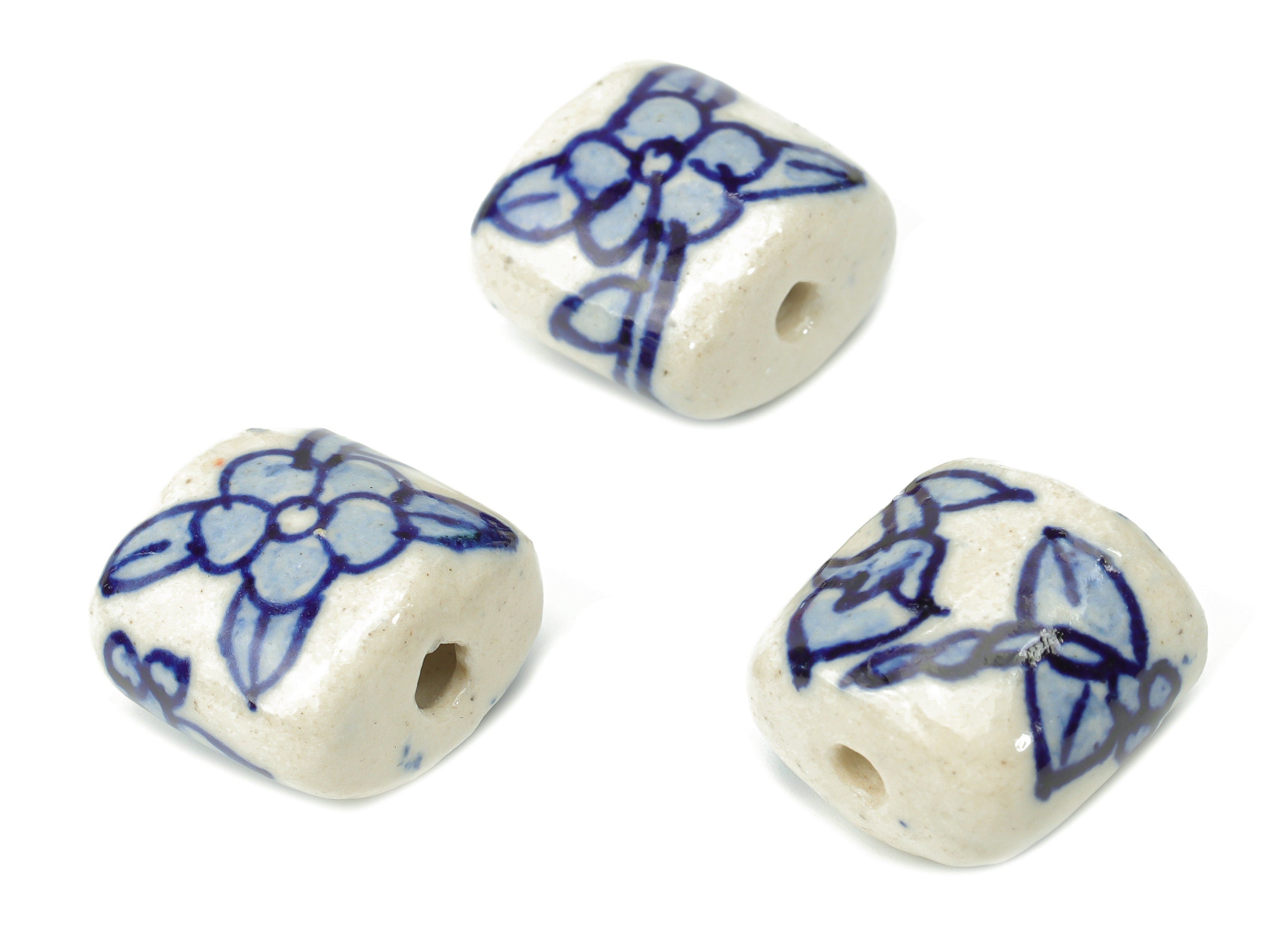 Glazed Ceramic Flower Square Beads - Carved Square Beads - Handmade Beads - Bracelet Beads - Connectors Beads - 18.38x18.35x12.5mm - NS1843 - DOMEDBAZAAR